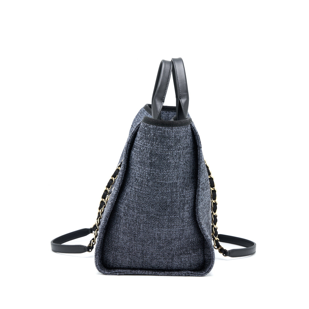 CHANEL DEAUVILLE TOTE BAG TWEED DARK GREY / BLACK LGHW (MICROCHIP)