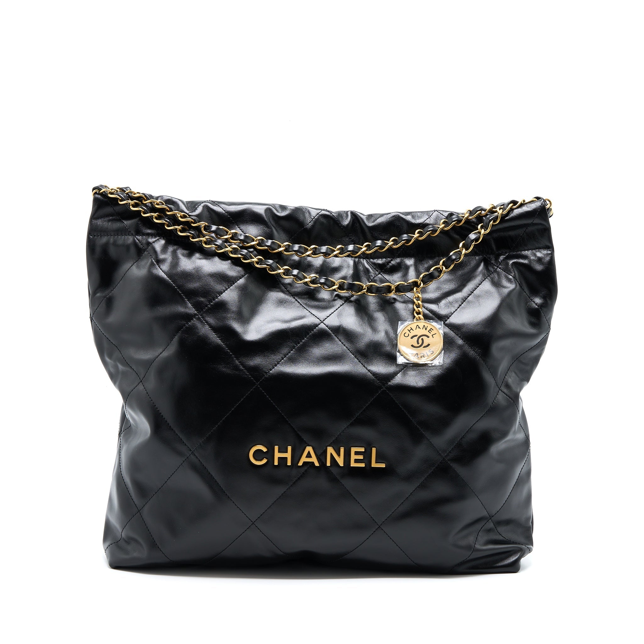CHANEL MEDIUM 22 BAG SHINY CALFSKIN BLACK GHW (MICROCHIP)