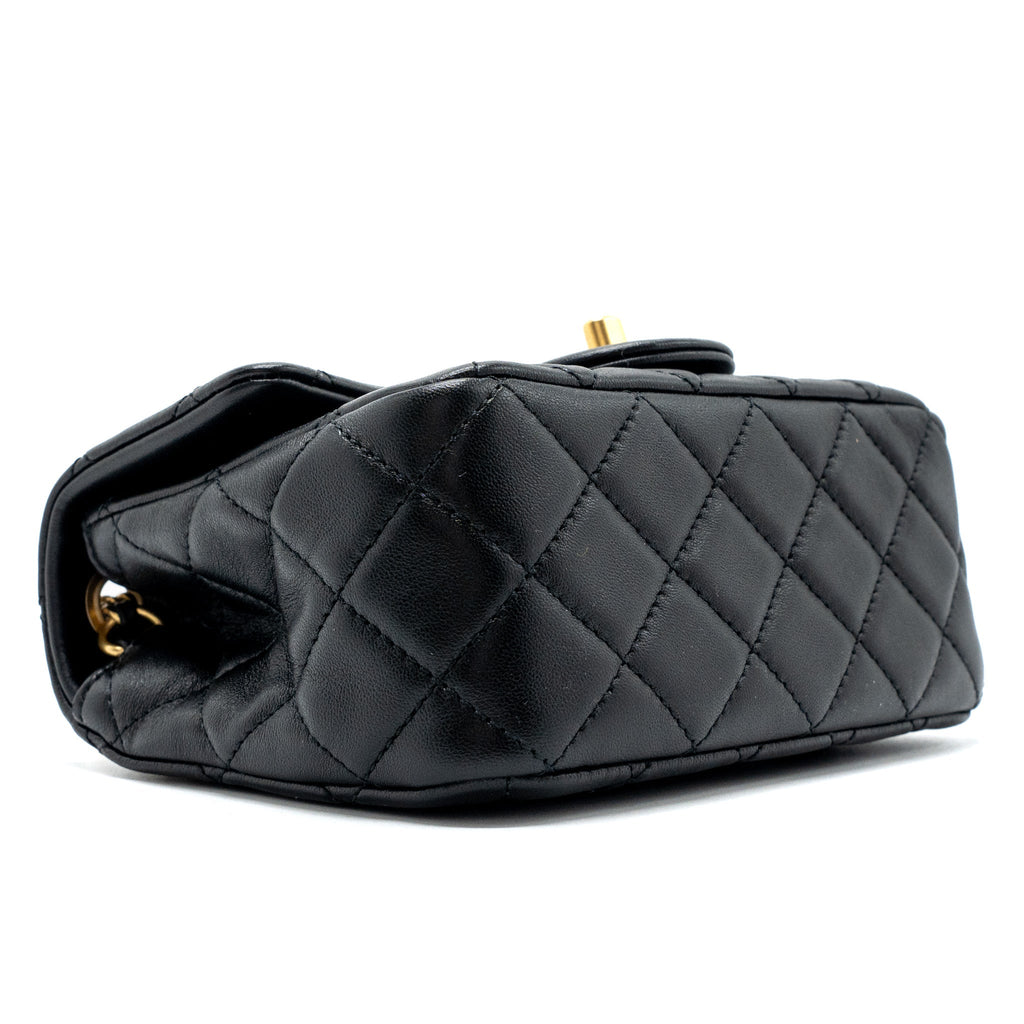 CHANEL PEARL CRUSH MINI SQUARE FLAP BAG LAMBSKIN BLACK GHW(MICROCHIP)
