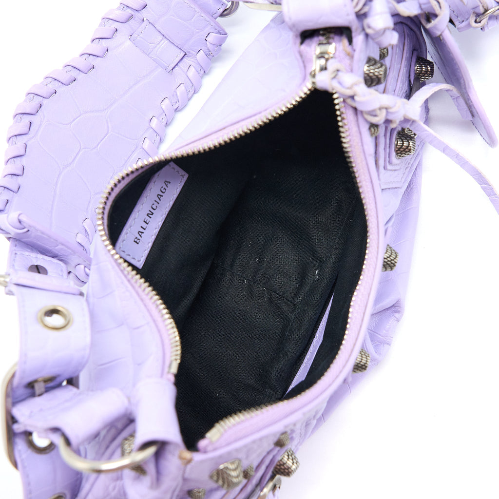 BALENCIAGA LE CAGOLE XS SHOULDER BAG CROC EMBOSSED CALFSKIN LIGHT PURPLE SHW