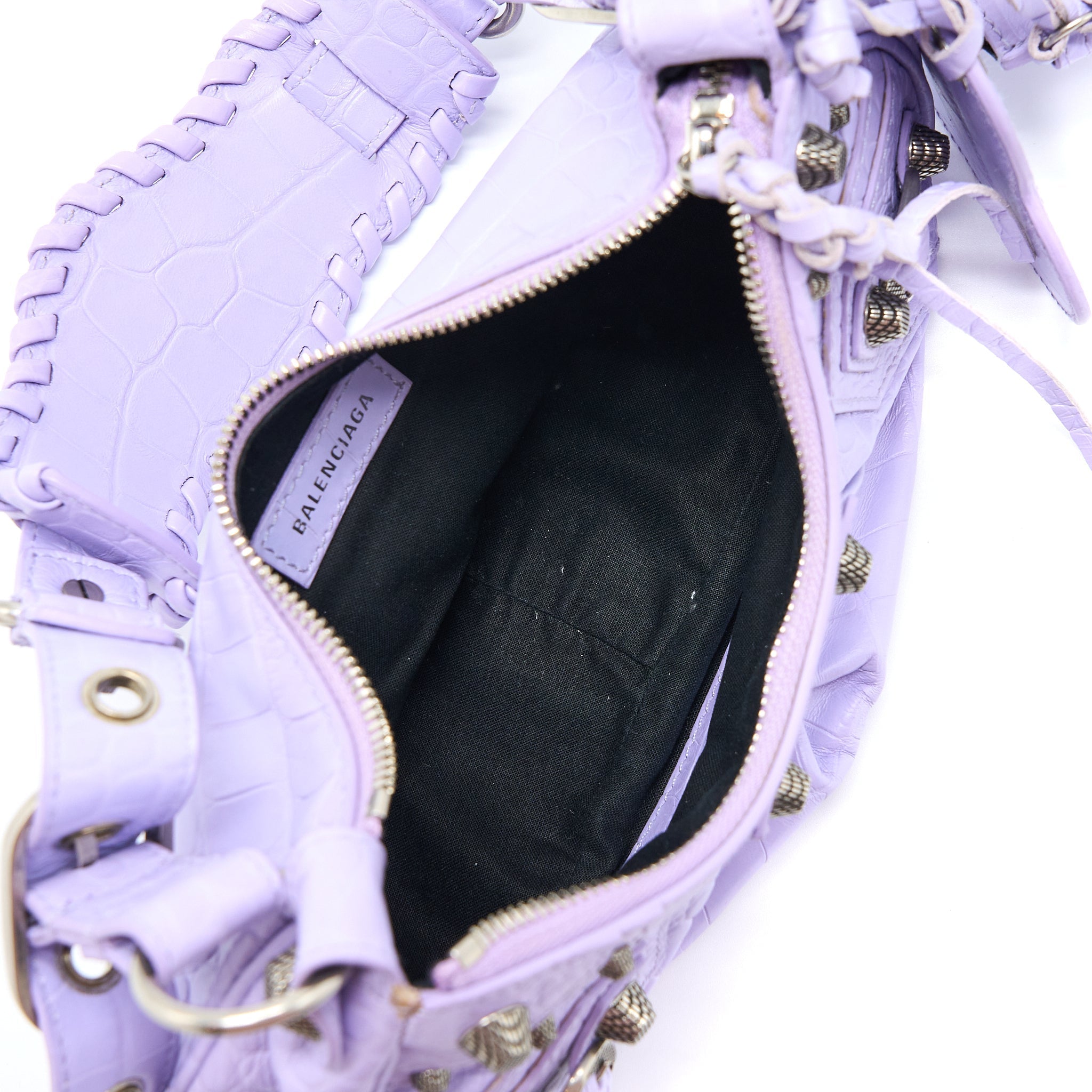 BALENCIAGA LE CAGOLE XS SHOULDER BAG CROC EMBOSSED CALFSKIN LIGHT PURPLE SHW