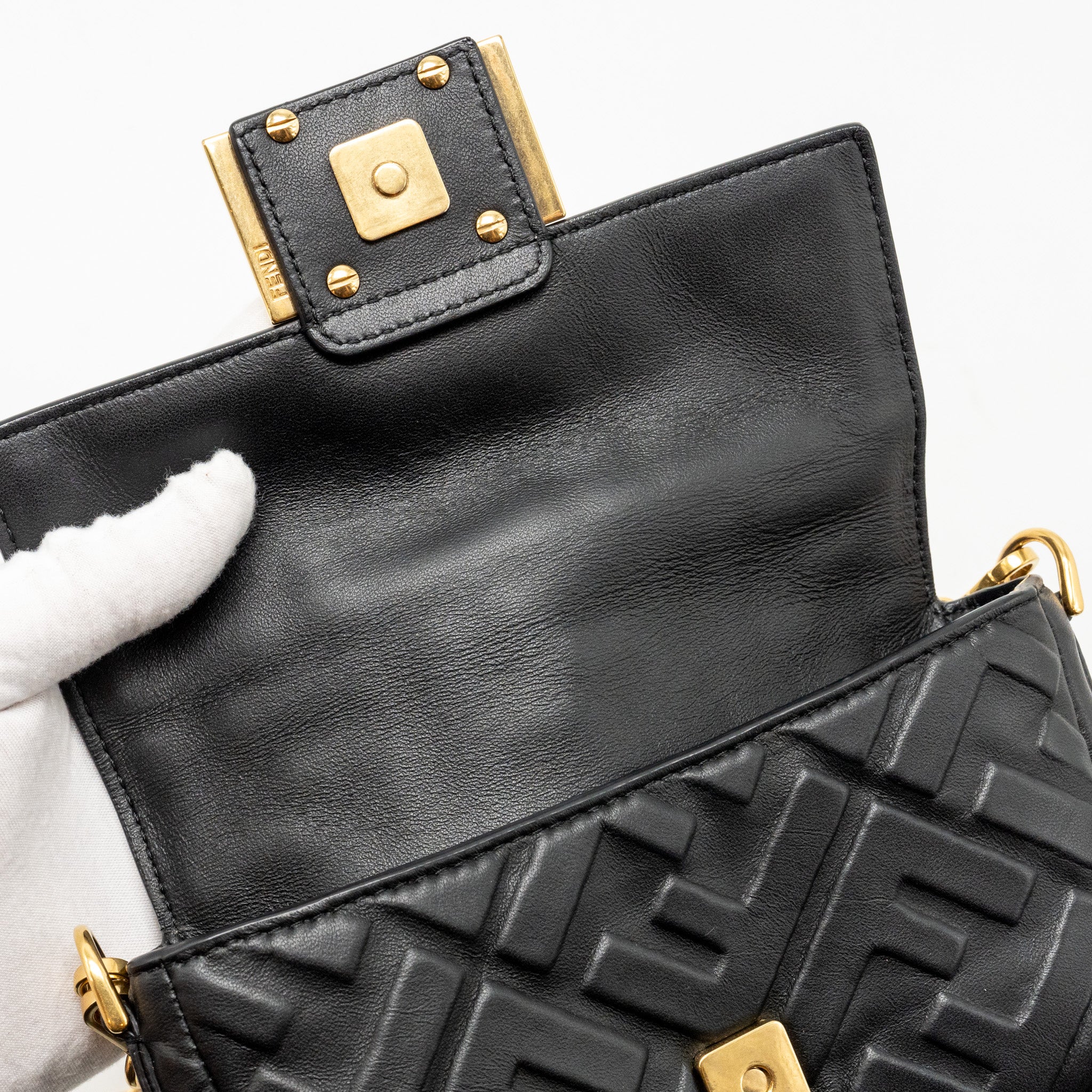 FENDI MINI BAGUETTE BAG FF MOTIF NAPPA LEATHER BLACK GHW