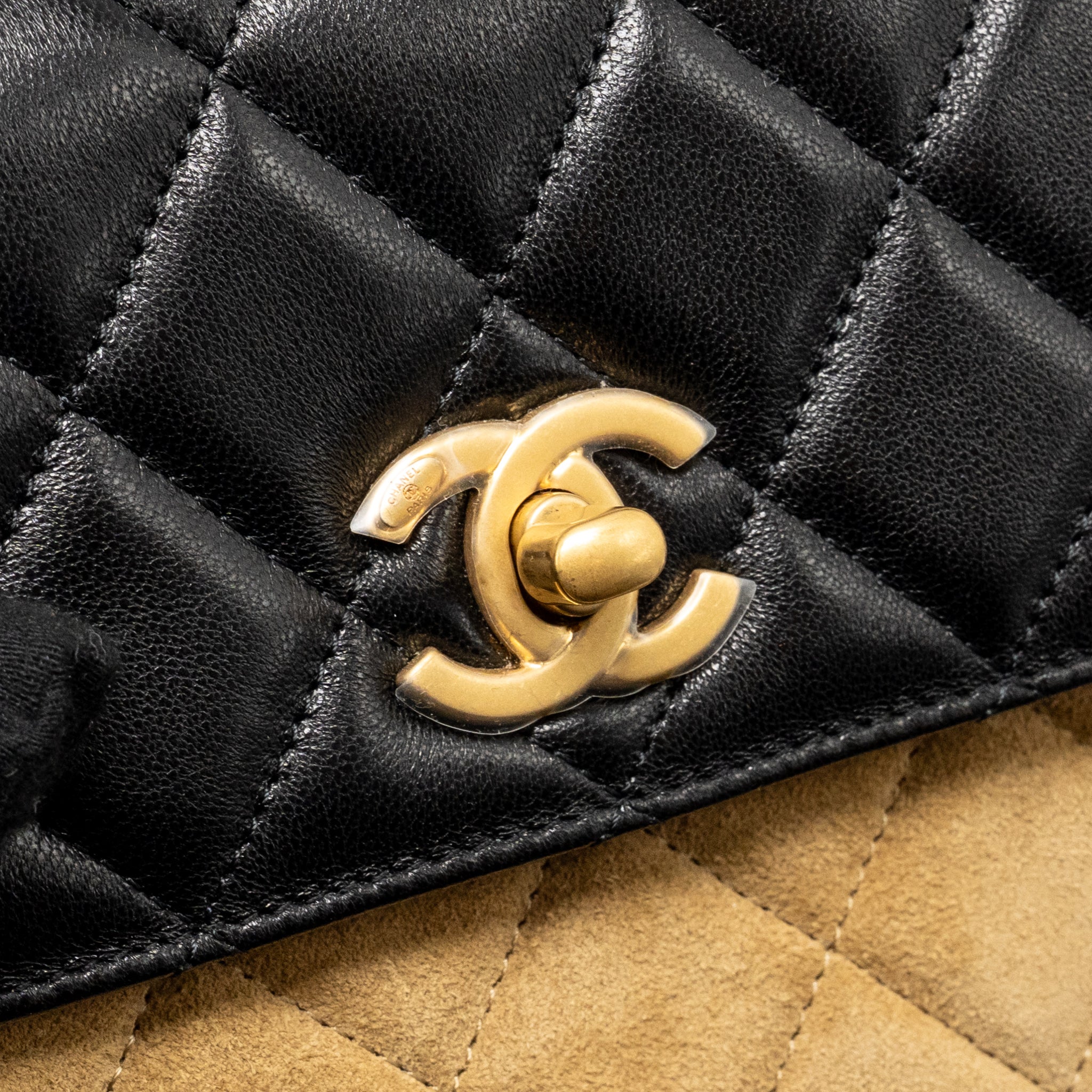 CHANEL 25A SUEDE PATCHWORK MINI CROSSBODY BAG LAMBSKIN BROWN/BLACK GHW (MICROCHIP)
