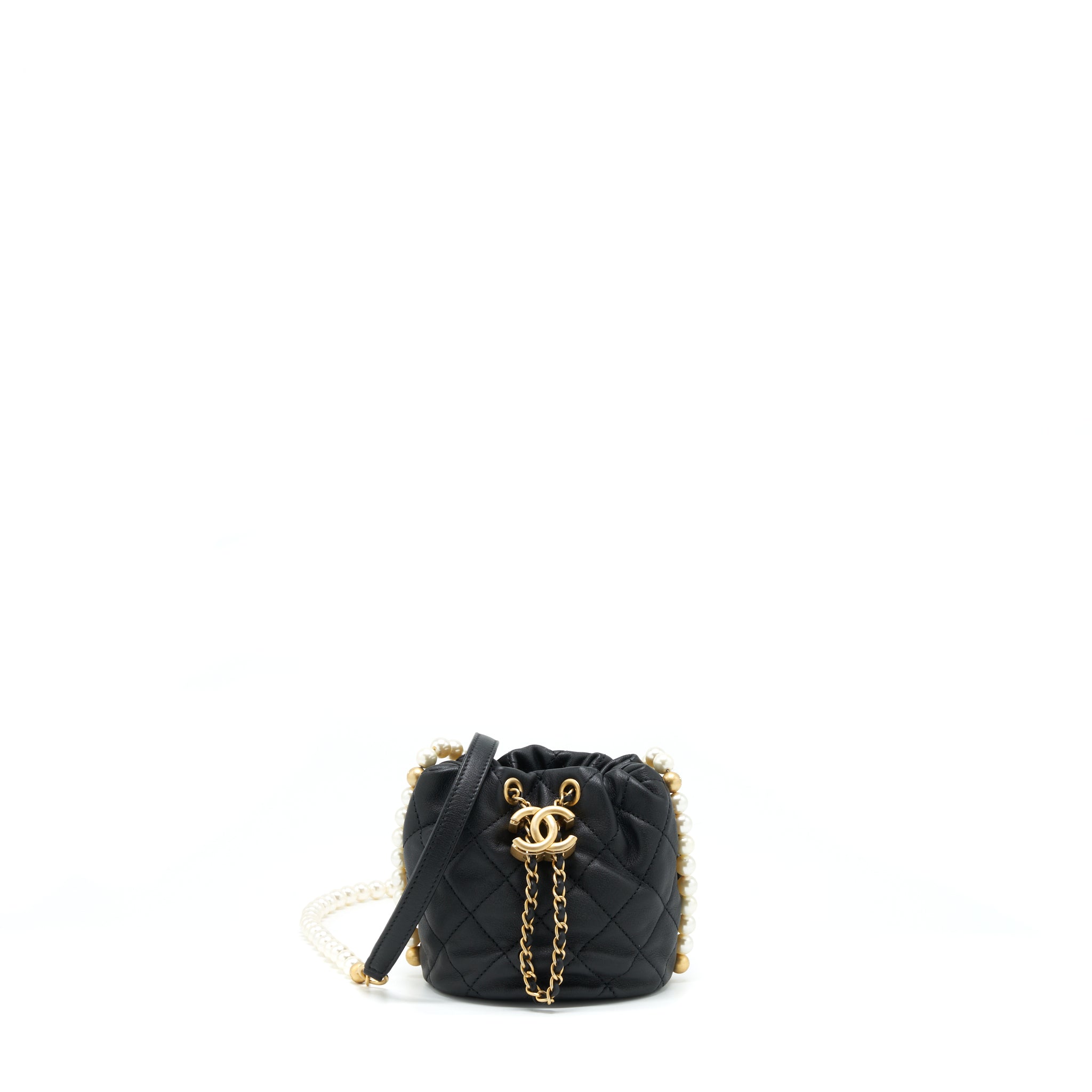 CHANEL MINI BUCKET BAG WITH PEARL CHAIN LAMBSKIN BLACK GHW