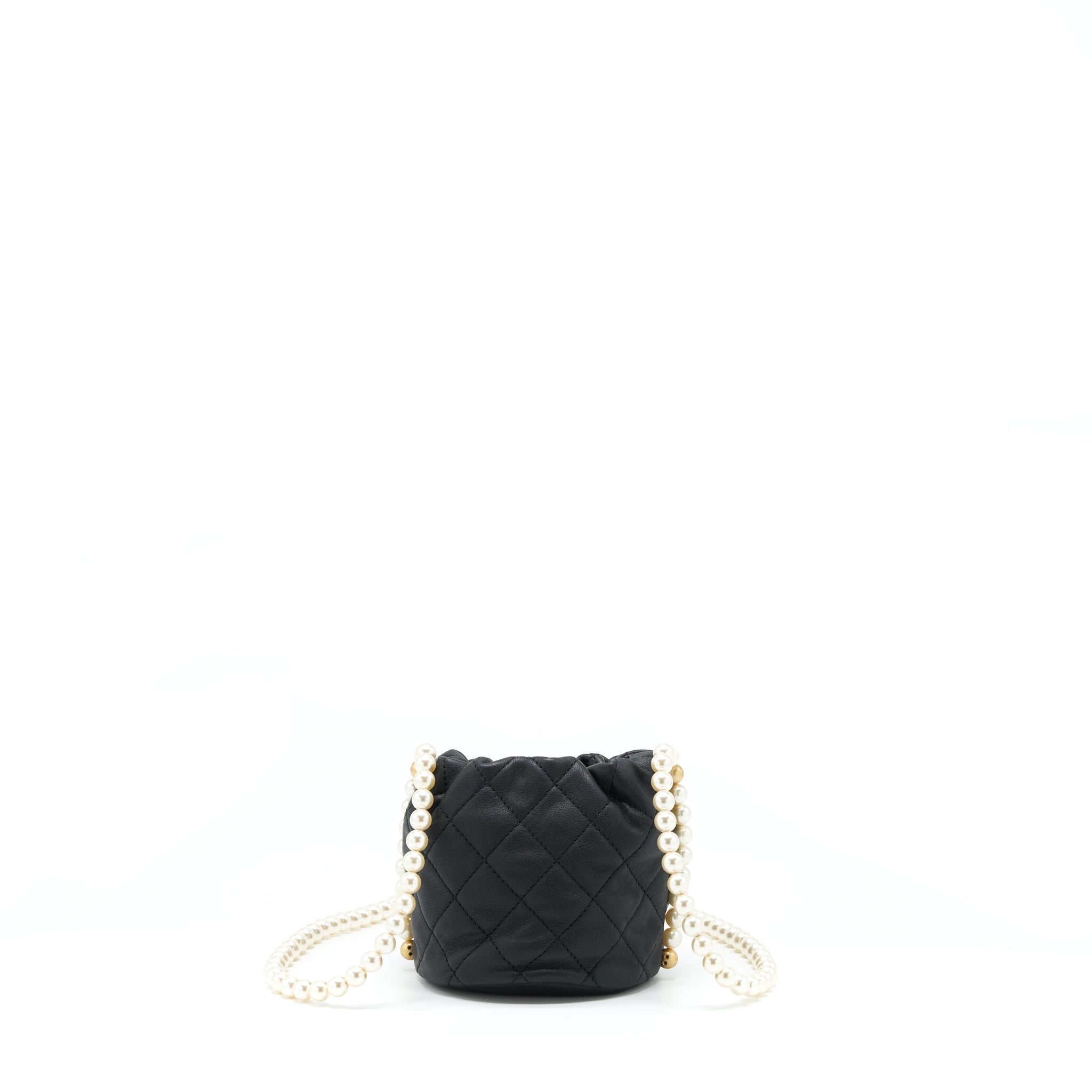 CHANEL MINI BUCKET BAG WITH PEARL CHAIN LAMBSKIN BLACK GHW
