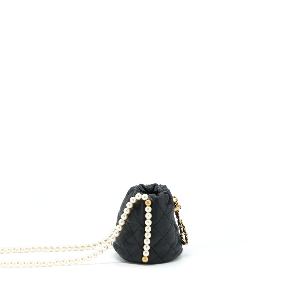 CHANEL MINI BUCKET BAG WITH PEARL CHAIN LAMBSKIN BLACK GHW