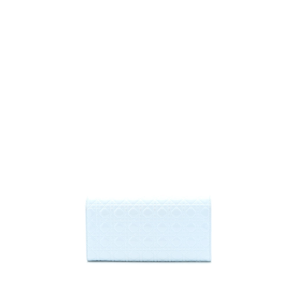 DIOR FLAP WALLET WITH CHAIN PATENT LIGHT BLUE WITH BLUE HARDWARE