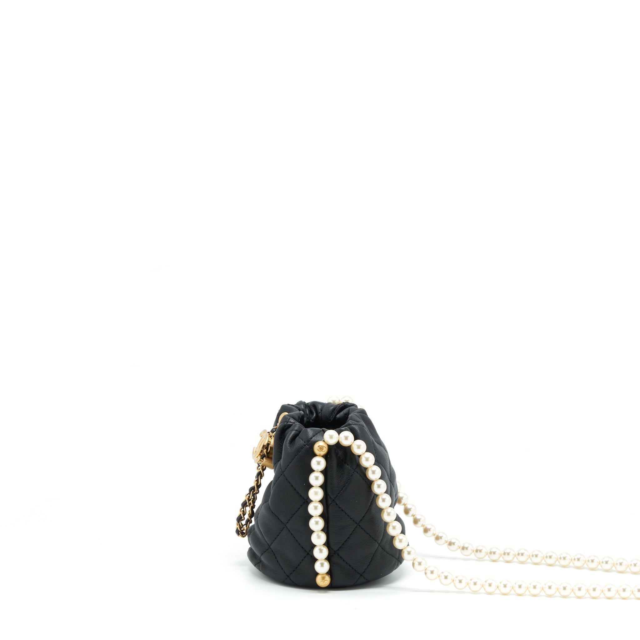 CHANEL MINI BUCKET BAG WITH PEARL CHAIN LAMBSKIN BLACK GHW