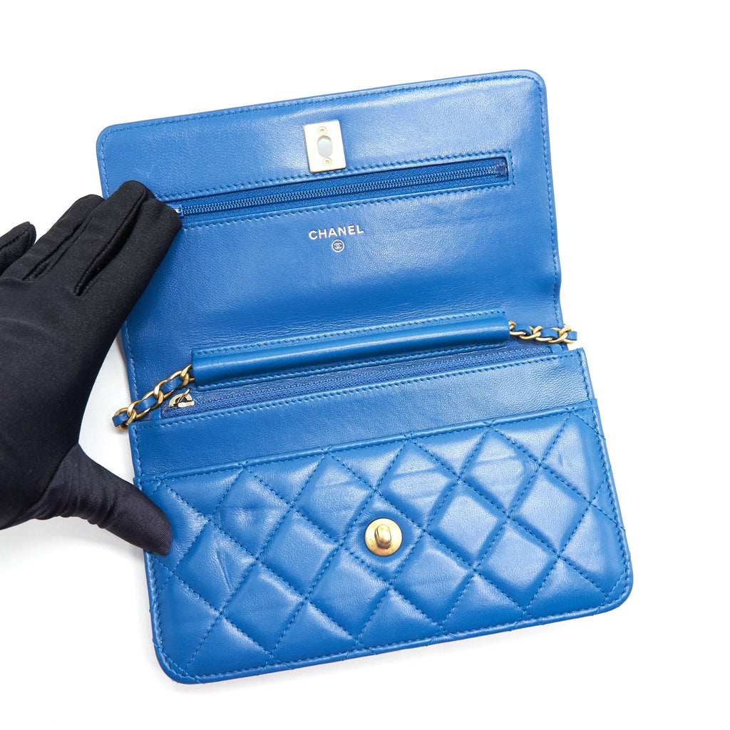 CHANEL LAMBSKIN QUILTED CC PEARL CRUSH WALLET ON CHAIN BLUE WITH GHW