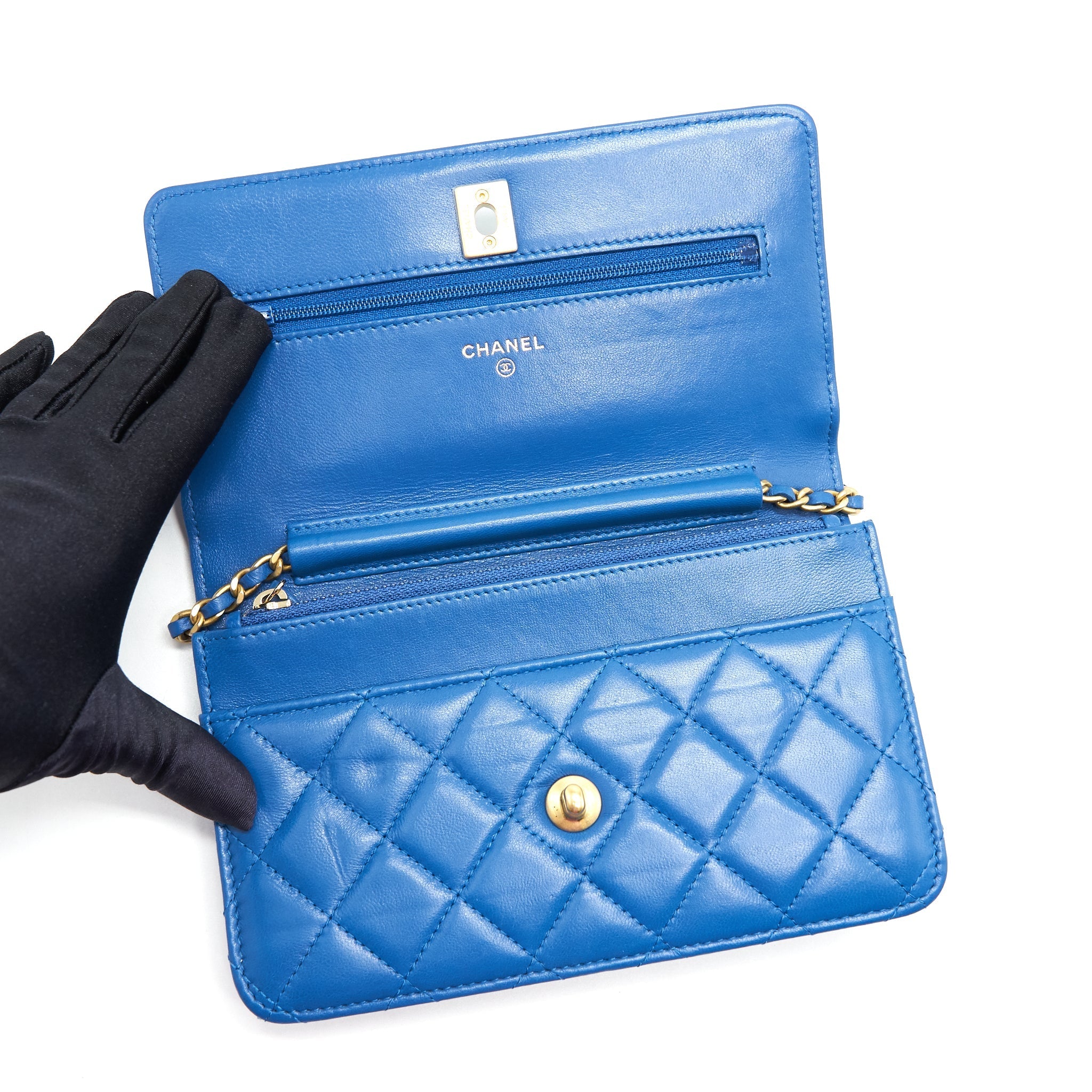 CHANEL LAMBSKIN QUILTED CC PEARL CRUSH WALLET ON CHAIN BLUE WITH GHW