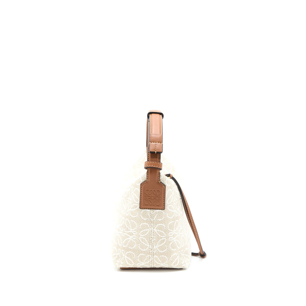 LOEWE SMALL CUBI BAG IN ANAGRAM JACQUARD/CALFSKIN ECRU/TAN GHW