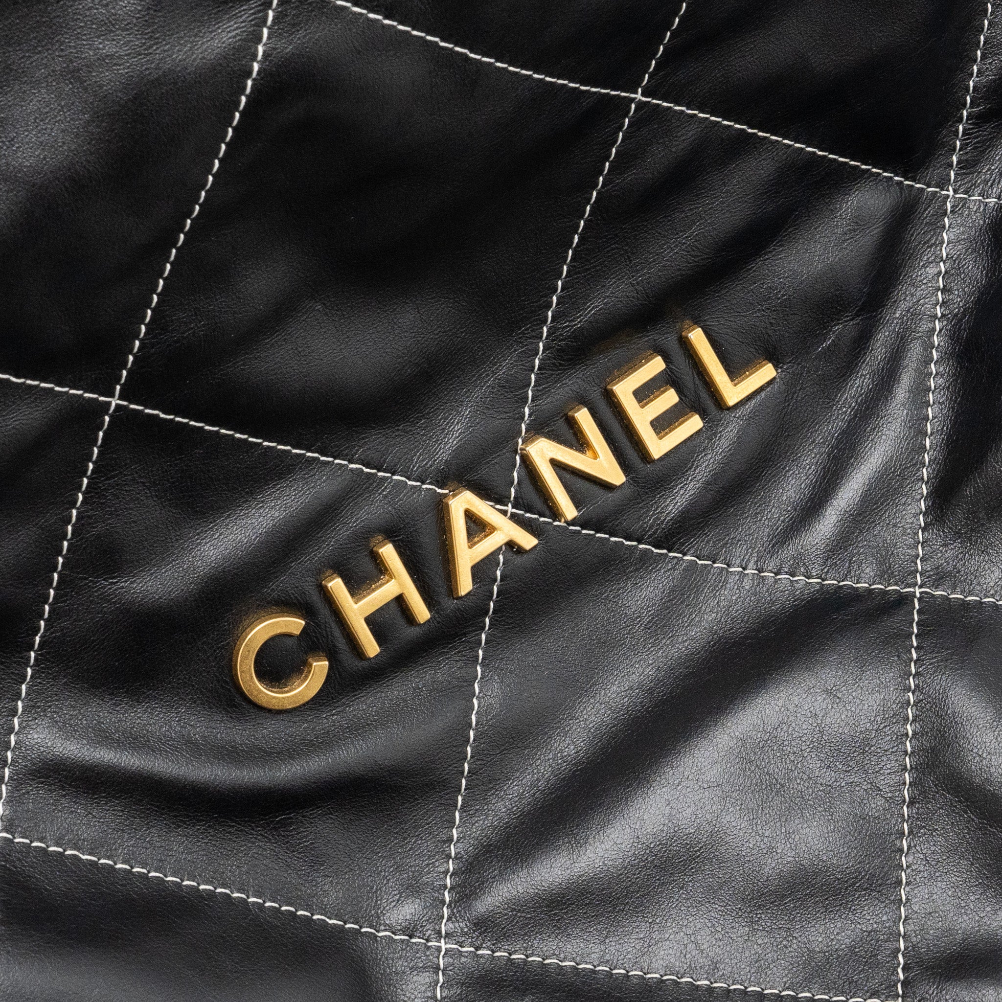 CHANEL MEDIUM 22 BAG SHINY CALFSKIN BLACK WITH WHITE STITCHING GOLD LETTER GHW (MICROCHIP)