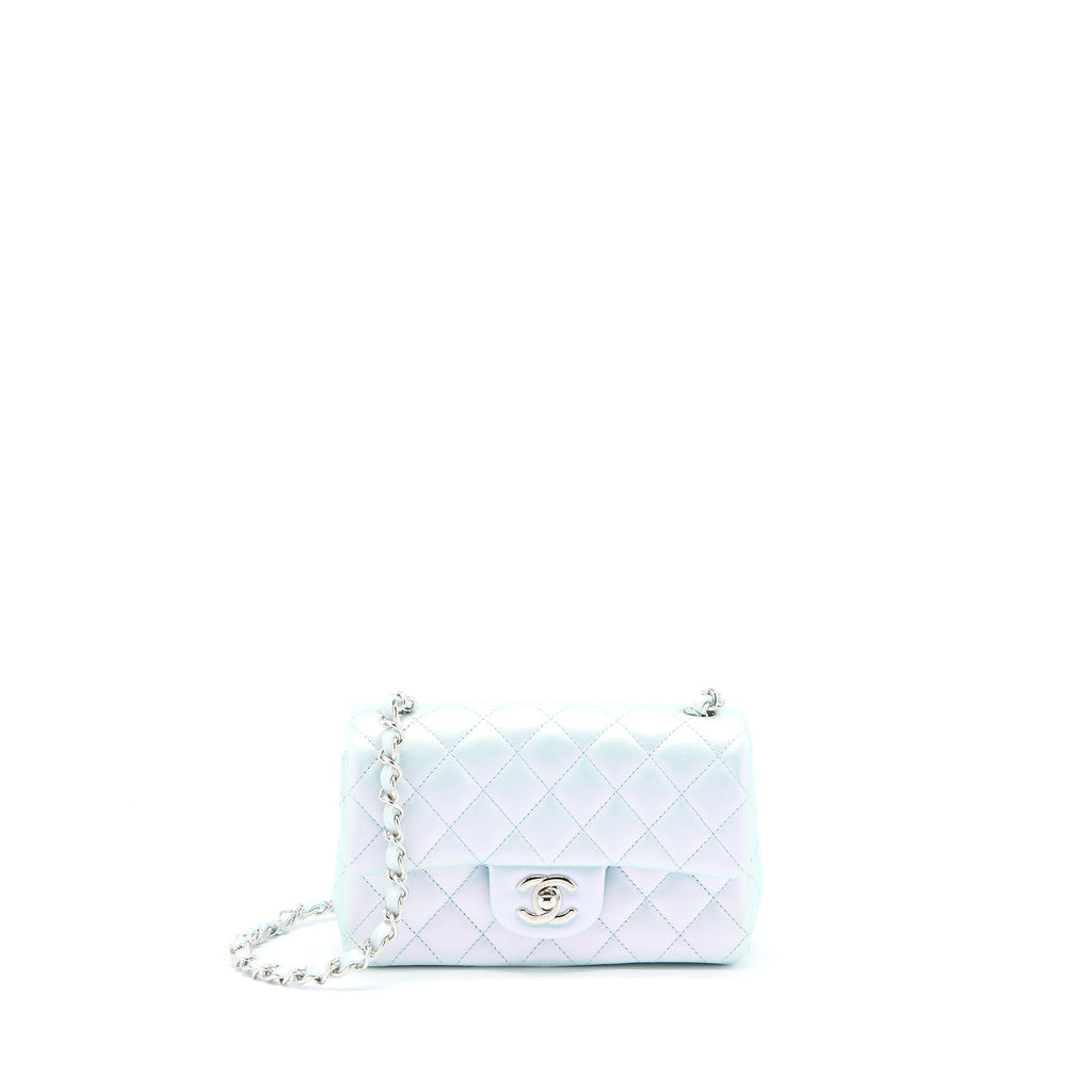 CHANEL 21K MINI RECTANGULAR FLAP BAG CALFSKIN IRIDESCENT LIGHT BLUE SHW (MICROCHIP)