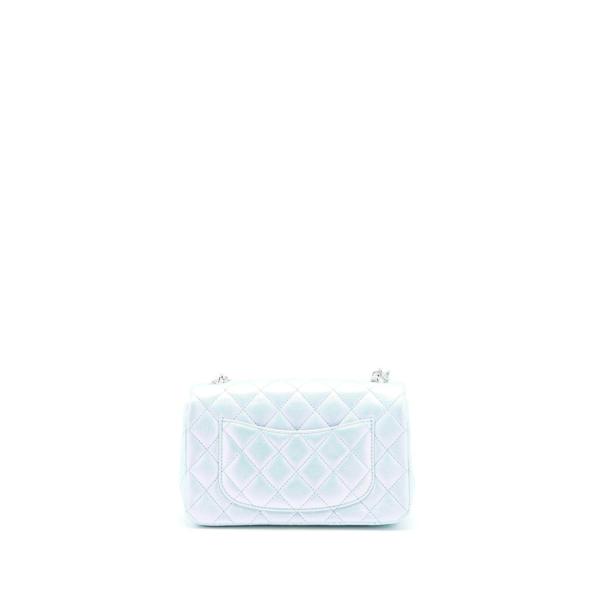 CHANEL 21K MINI RECTANGULAR FLAP BAG CALFSKIN IRIDESCENT LIGHT BLUE SHW (MICROCHIP)