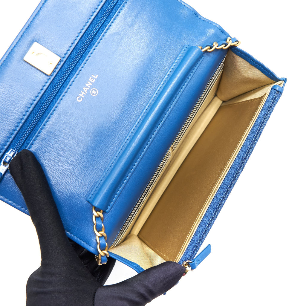 CHANEL LAMBSKIN QUILTED CC PEARL CRUSH WALLET ON CHAIN BLUE WITH GHW