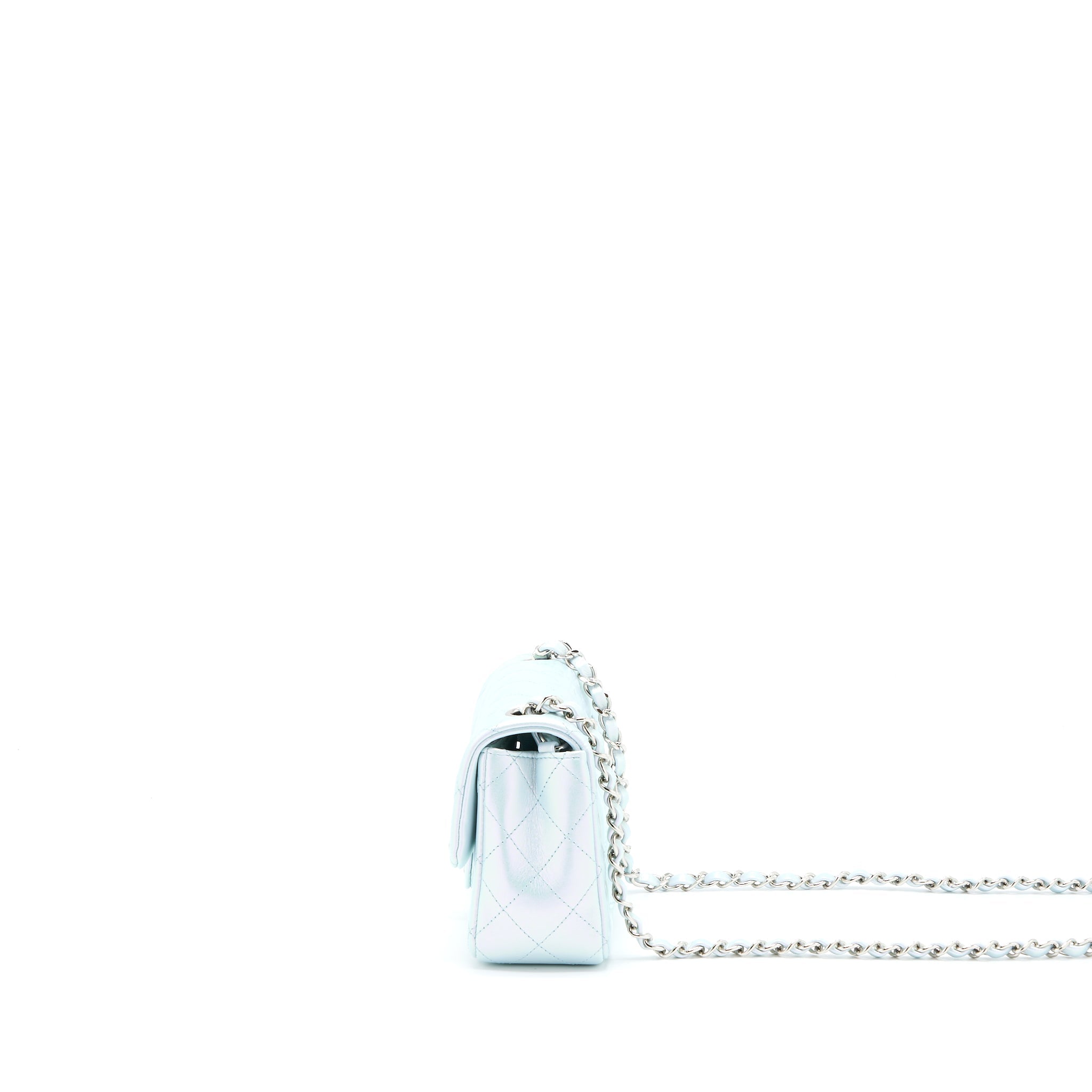 CHANEL 21K MINI RECTANGULAR FLAP BAG CALFSKIN IRIDESCENT LIGHT BLUE SHW (MICROCHIP)