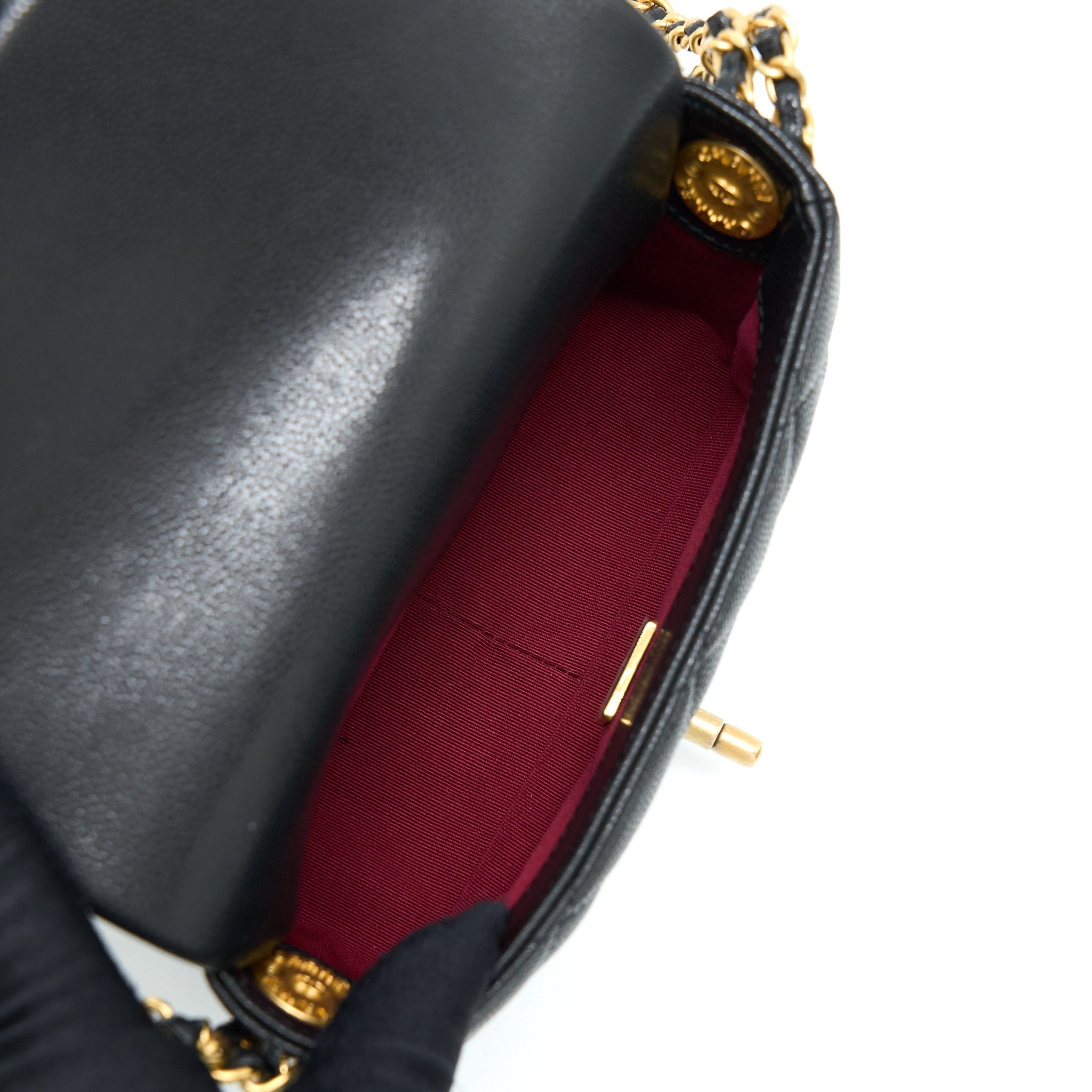CHANEL 22A MINI SQUARE FLAP BAG CAVIAR BLACK BRUSHED GHW (MICROCHIP)