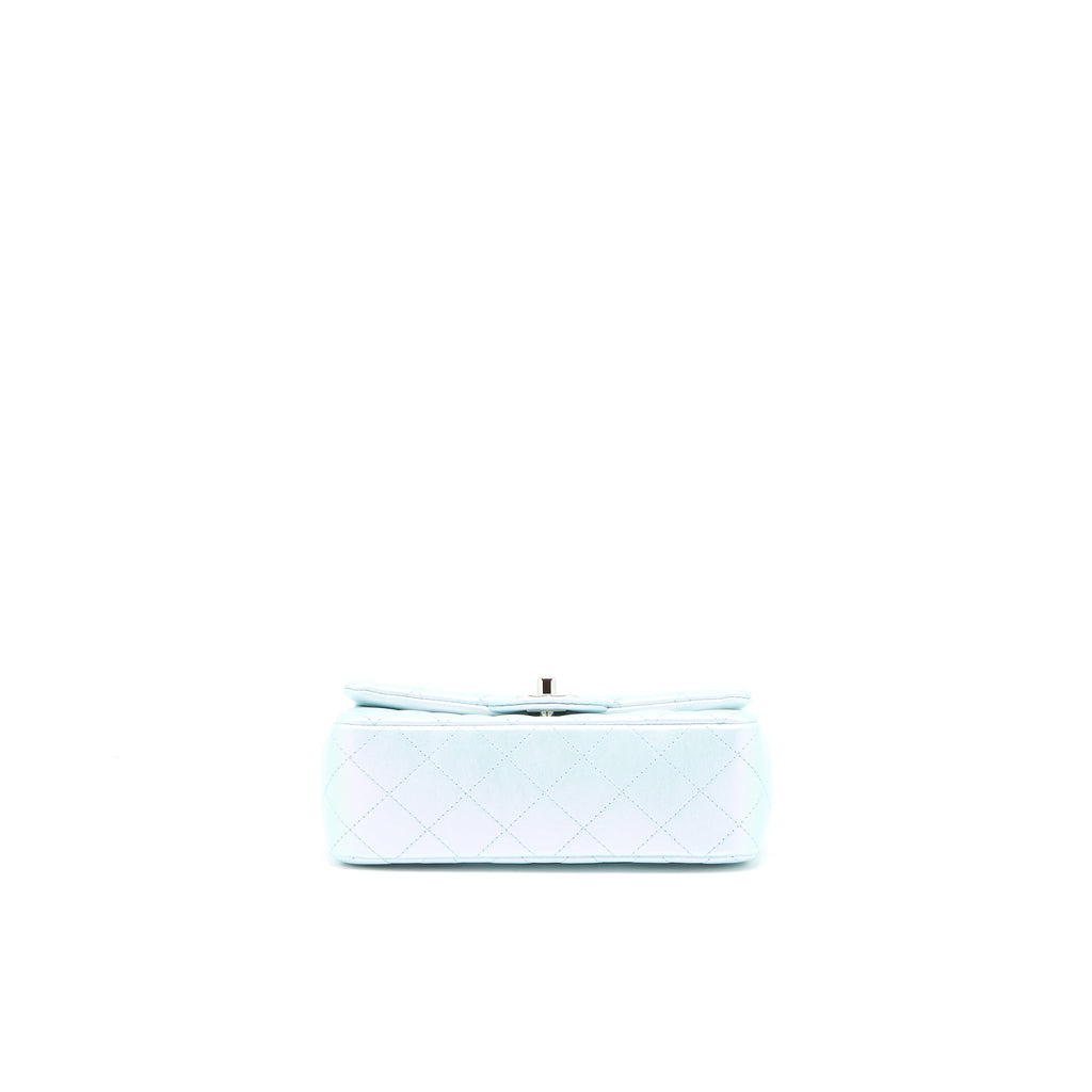 CHANEL 21K MINI RECTANGULAR FLAP BAG CALFSKIN IRIDESCENT LIGHT BLUE SHW (MICROCHIP)