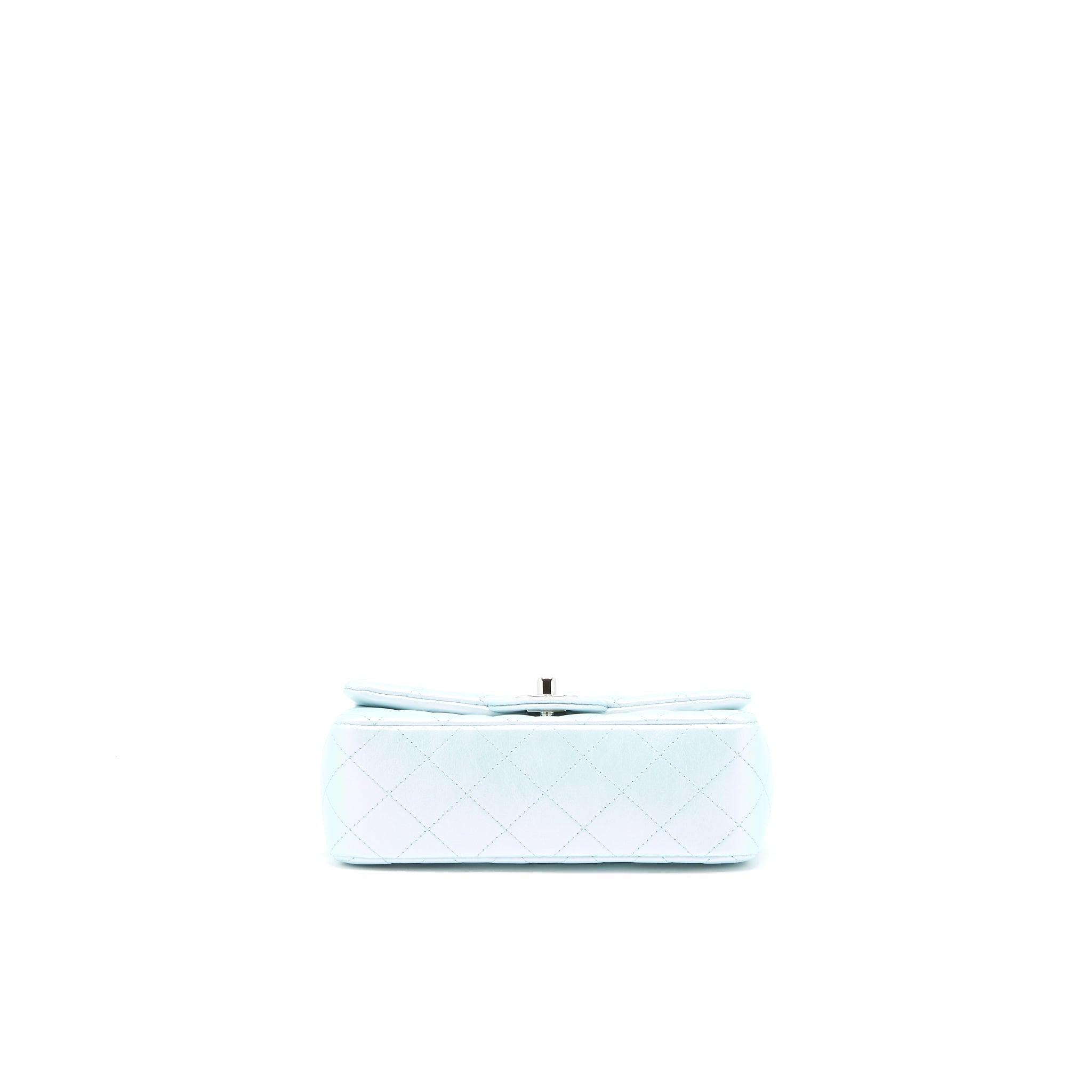 CHANEL 21K MINI RECTANGULAR FLAP BAG CALFSKIN IRIDESCENT LIGHT BLUE SHW (MICROCHIP)