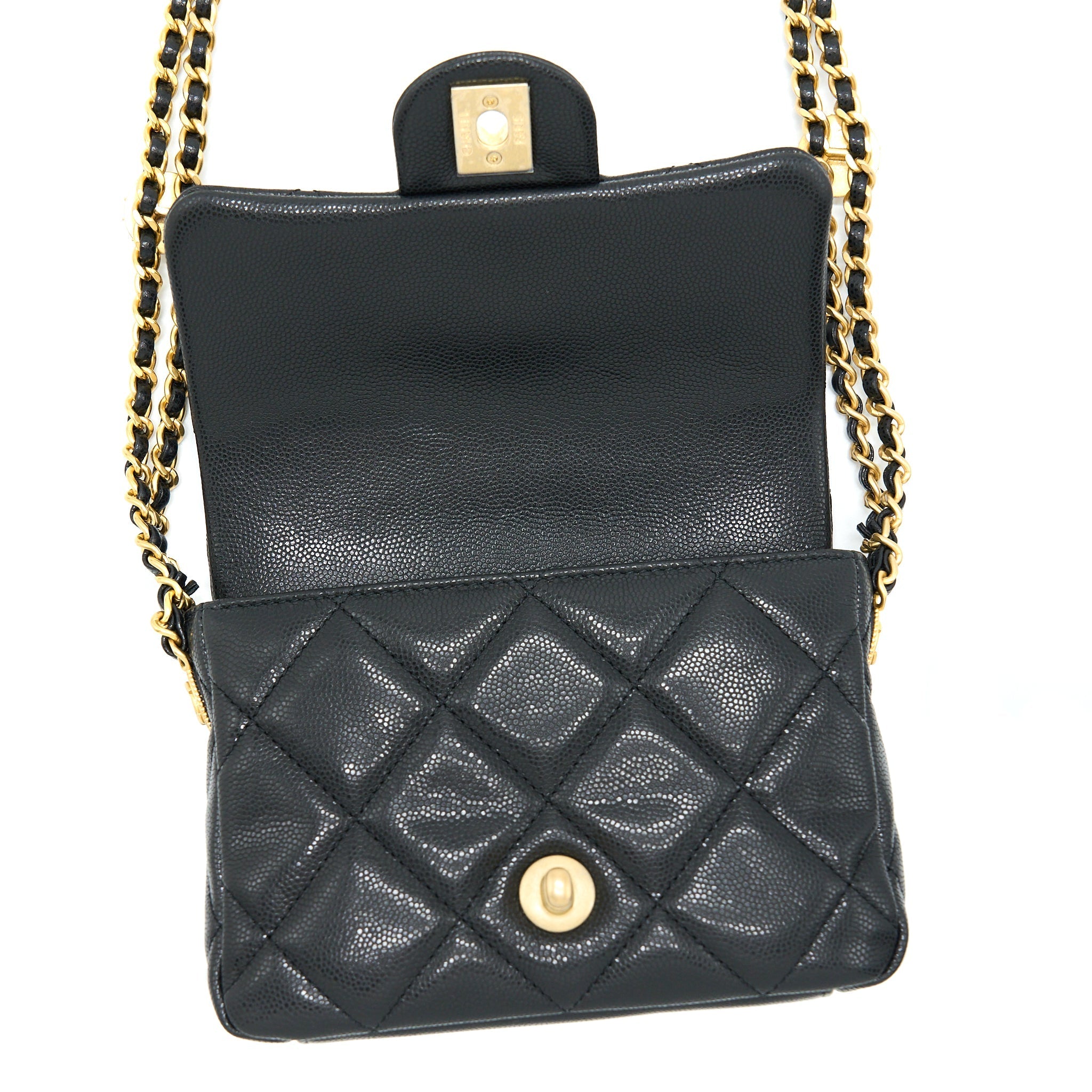 CHANEL 22A MINI SQUARE FLAP BAG CAVIAR BLACK BRUSHED GHW (MICROCHIP)