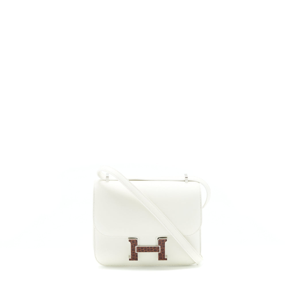 HERMES MINI CONSTANCE EVERCOLOR BLANC / ALLIGATOR BUCKLE/TERRE
