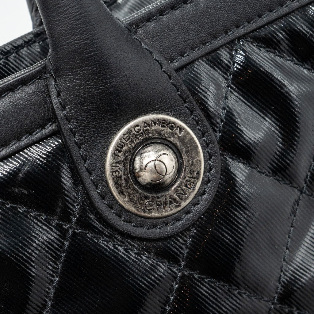 CHANEL GIANT ZIP SHOPPING BAG PATENT BLACK RUTHENIUM HARDWARE