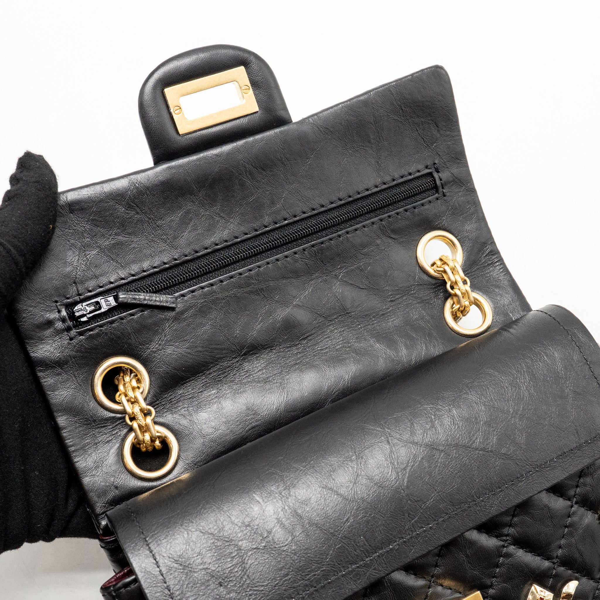CHANEL MINI 2.55 REISSUE FLAP BAG LUCKY CHARMS AGED CALFSKIN BLACK GHW