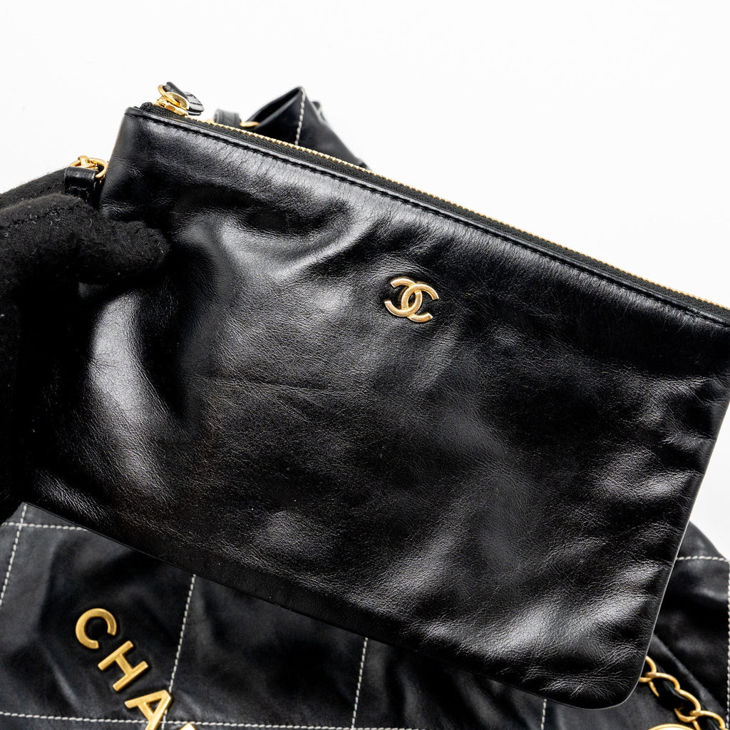 CHANEL MEDIUM 22 BAG SHINY CALFSKIN BLACK WITH WHITE STITCHING GOLD LETTER GHW (MICROCHIP)