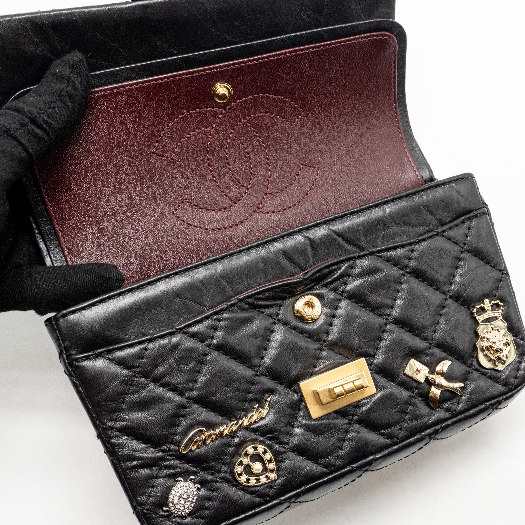 CHANEL MINI 2.55 REISSUE FLAP BAG LUCKY CHARMS AGED CALFSKIN BLACK GHW