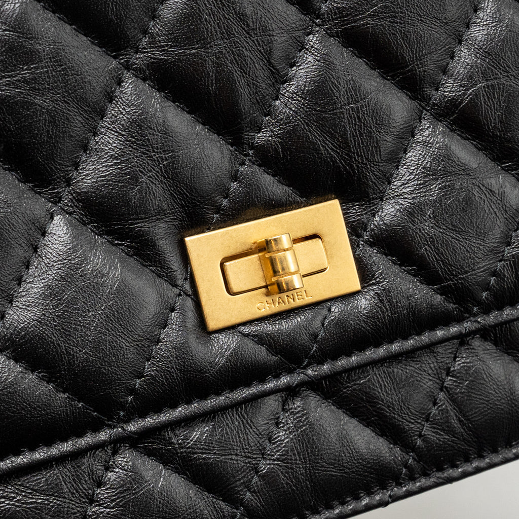 CHANEL 2.55 WALLET ON CHAIN AGED CALFSKIN BLACK BRUSHED GHW (MICROCHIP)