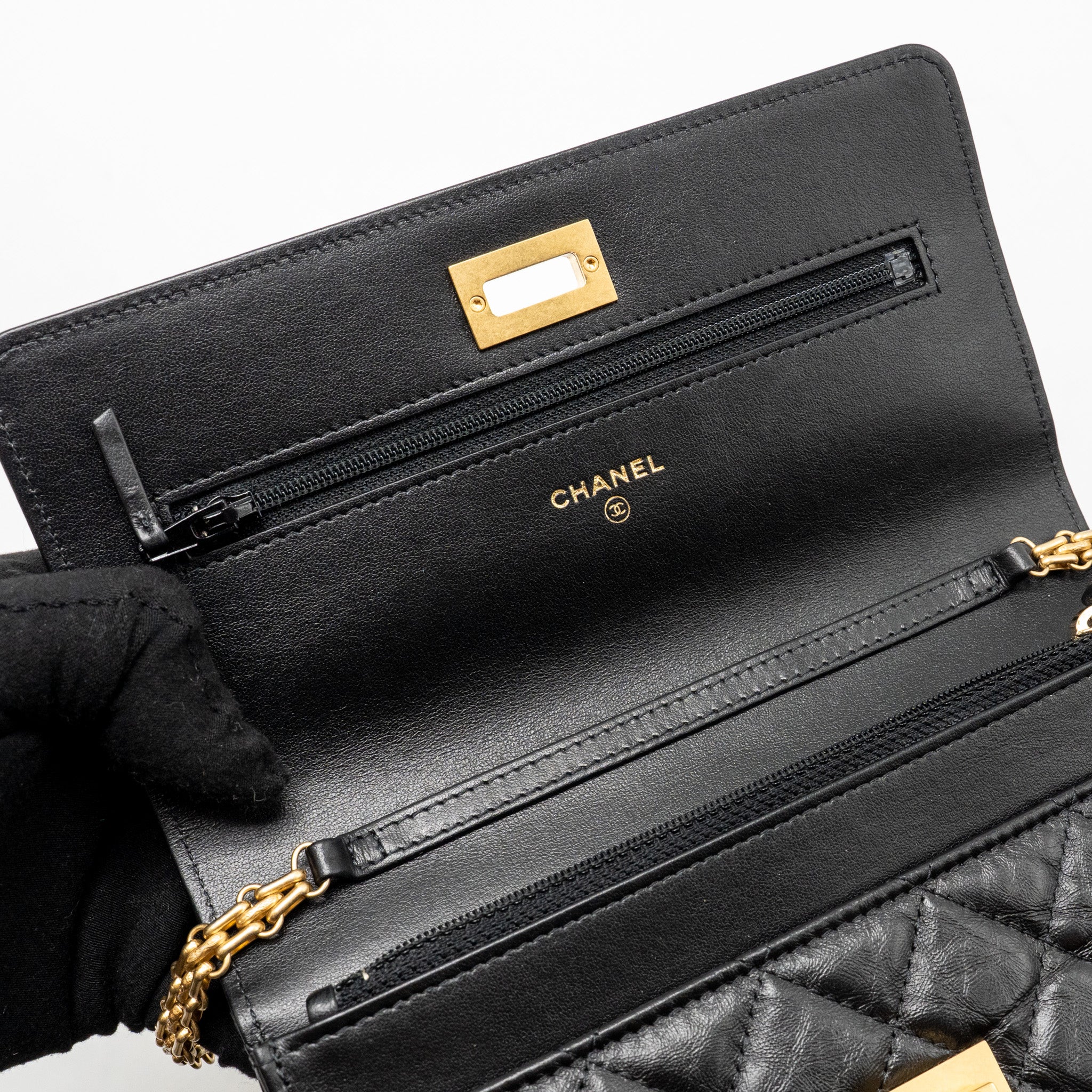 CHANEL 2.55 WALLET ON CHAIN AGED CALFSKIN BLACK BRUSHED GHW (MICROCHIP)