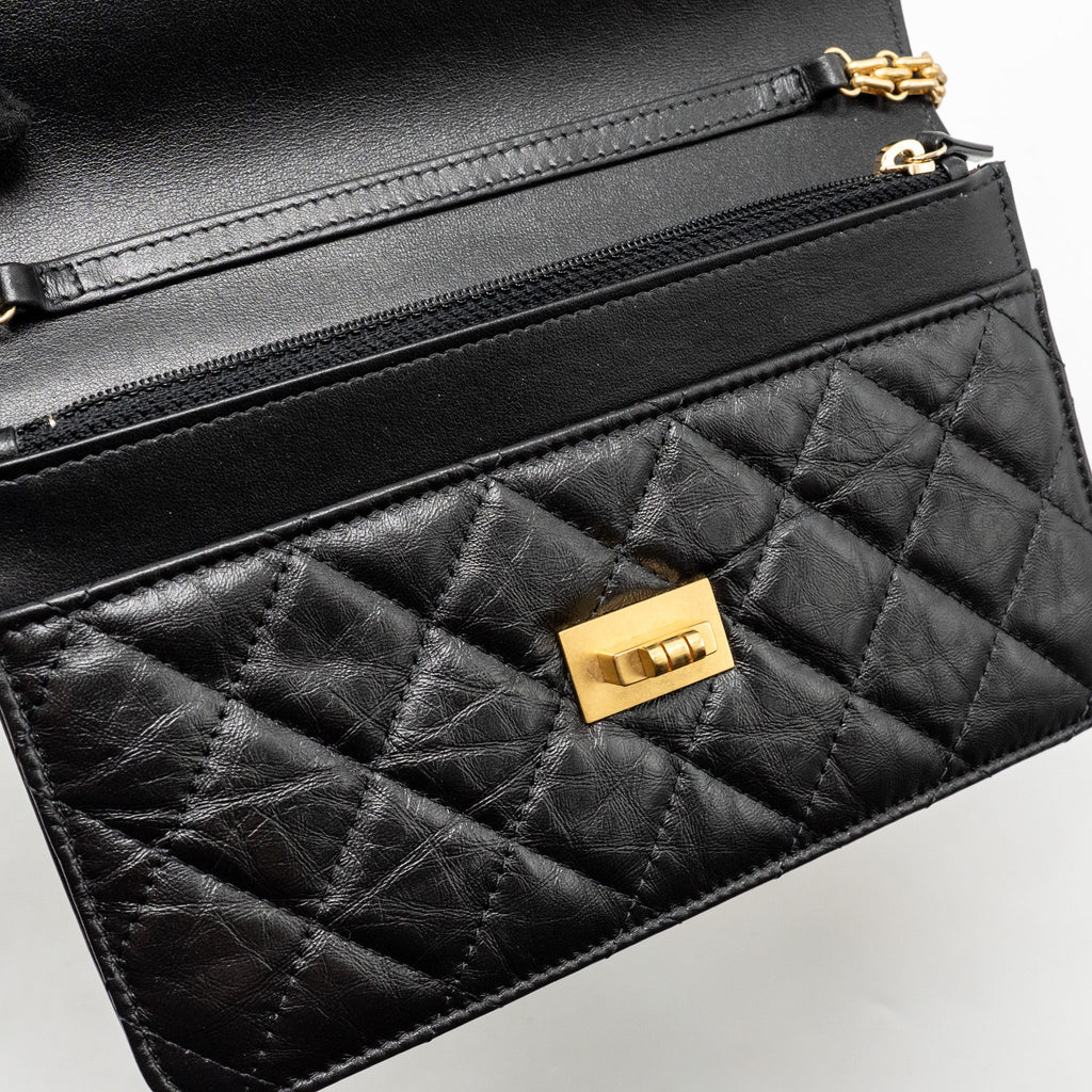 CHANEL 2.55 WALLET ON CHAIN AGED CALFSKIN BLACK BRUSHED GHW (MICROCHIP)