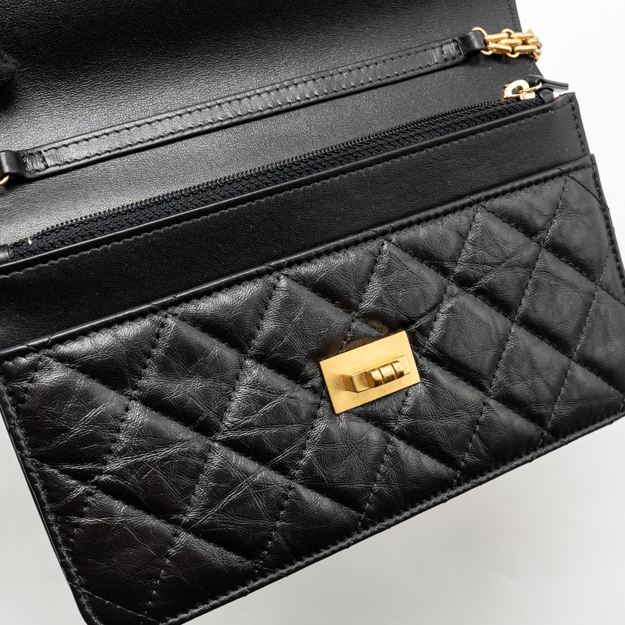 CHANEL 2.55 WALLET ON CHAIN AGED CALFSKIN BLACK BRUSHED GHW (MICROCHIP)