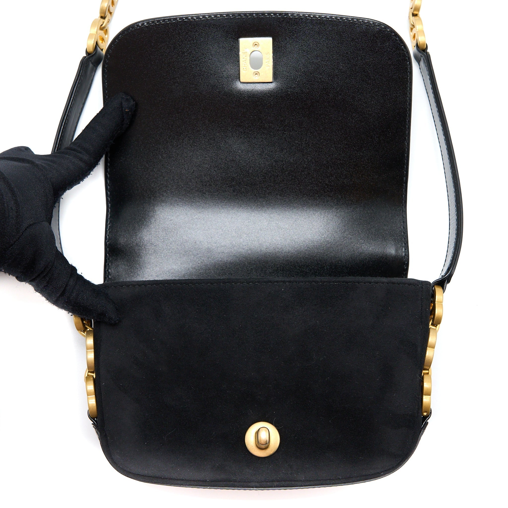 CHANEL CROSSBODY MINI FLAP BAG CC LOGO STRAP CALFSKIN BLACK BRUSHED GHW (MICROCHIP)