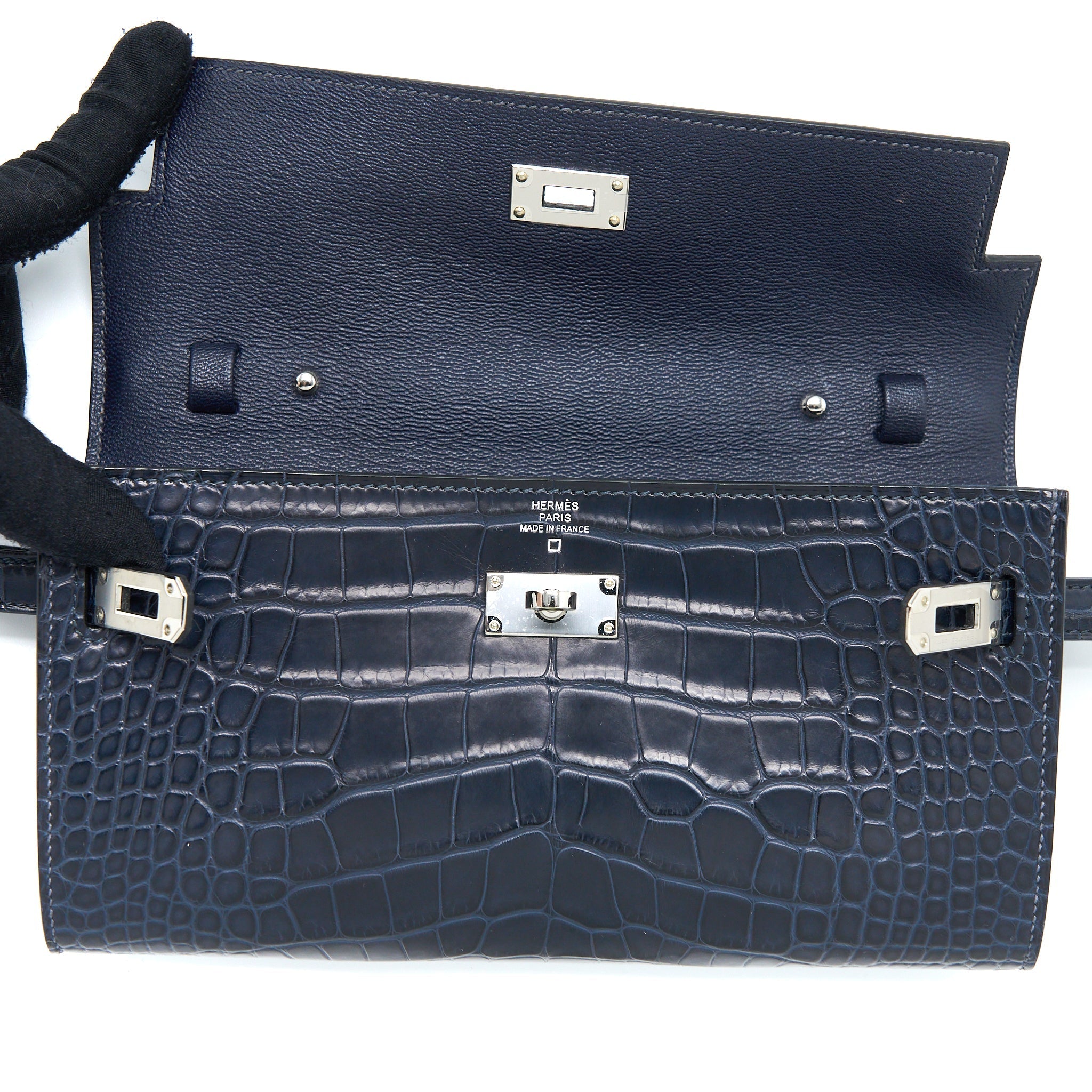 HERMES KELLY TO GO ALLIGATOR MISSISSIPPIENSIS MAT BLUE INDIGO SHW
