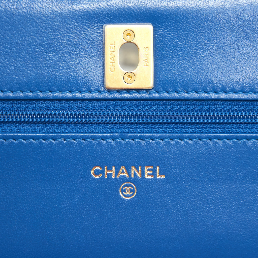CHANEL LAMBSKIN QUILTED CC PEARL CRUSH WALLET ON CHAIN BLUE WITH GHW