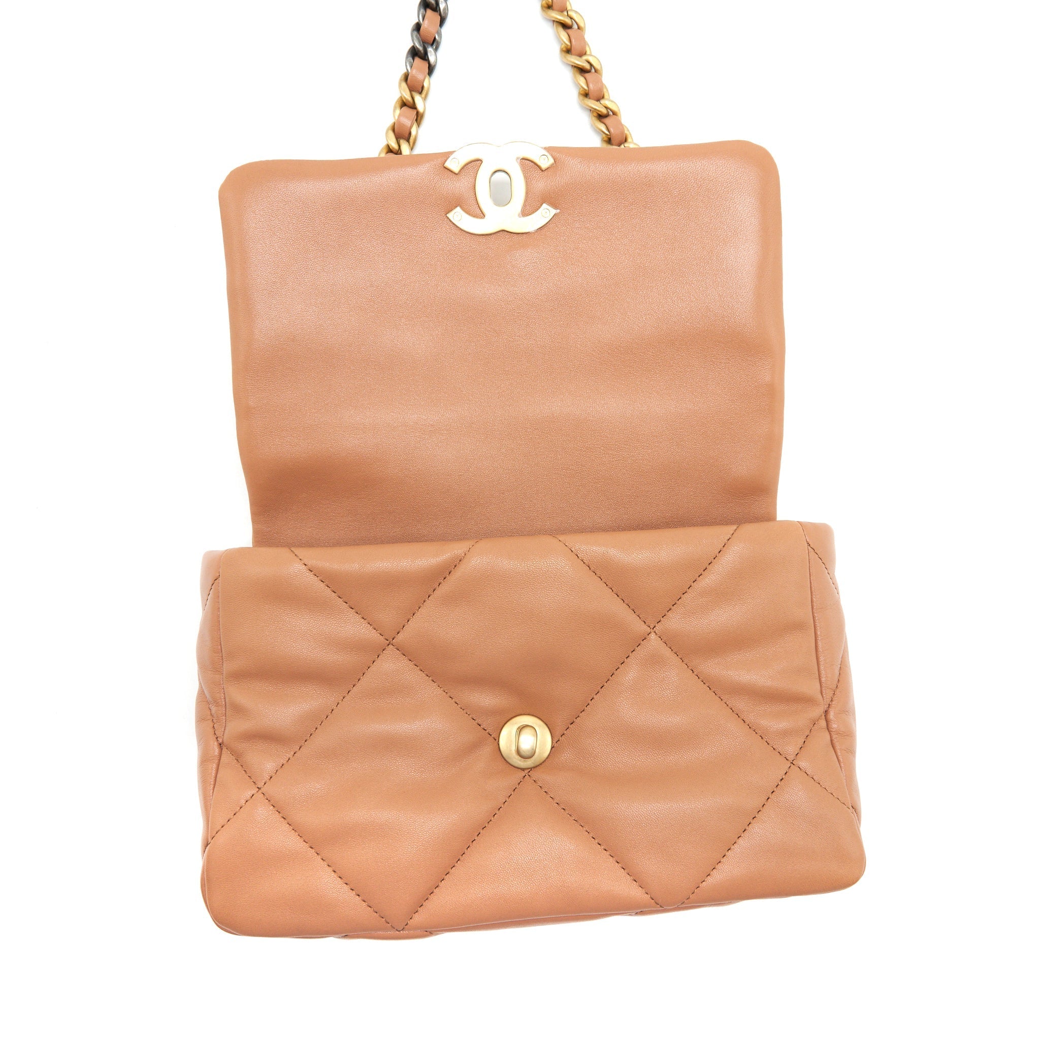 CHANEL 21K SMALL 19 FLAP BAG LAMBSKIN CARAMEL GHW(MICROCHIP)
