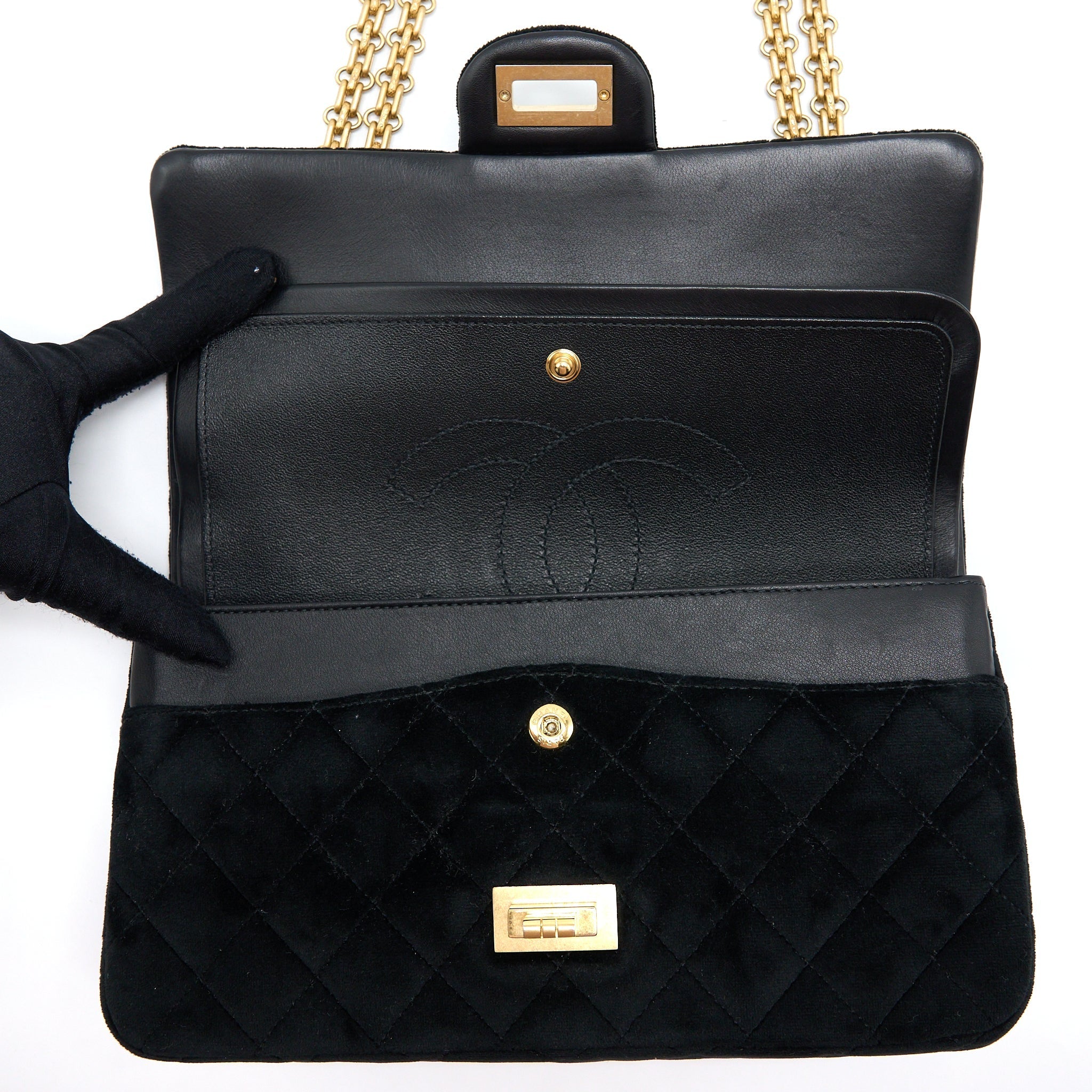 CHANEL SMALL 2.55 REISSUE FLAP BAG VELVET BLACK GHW