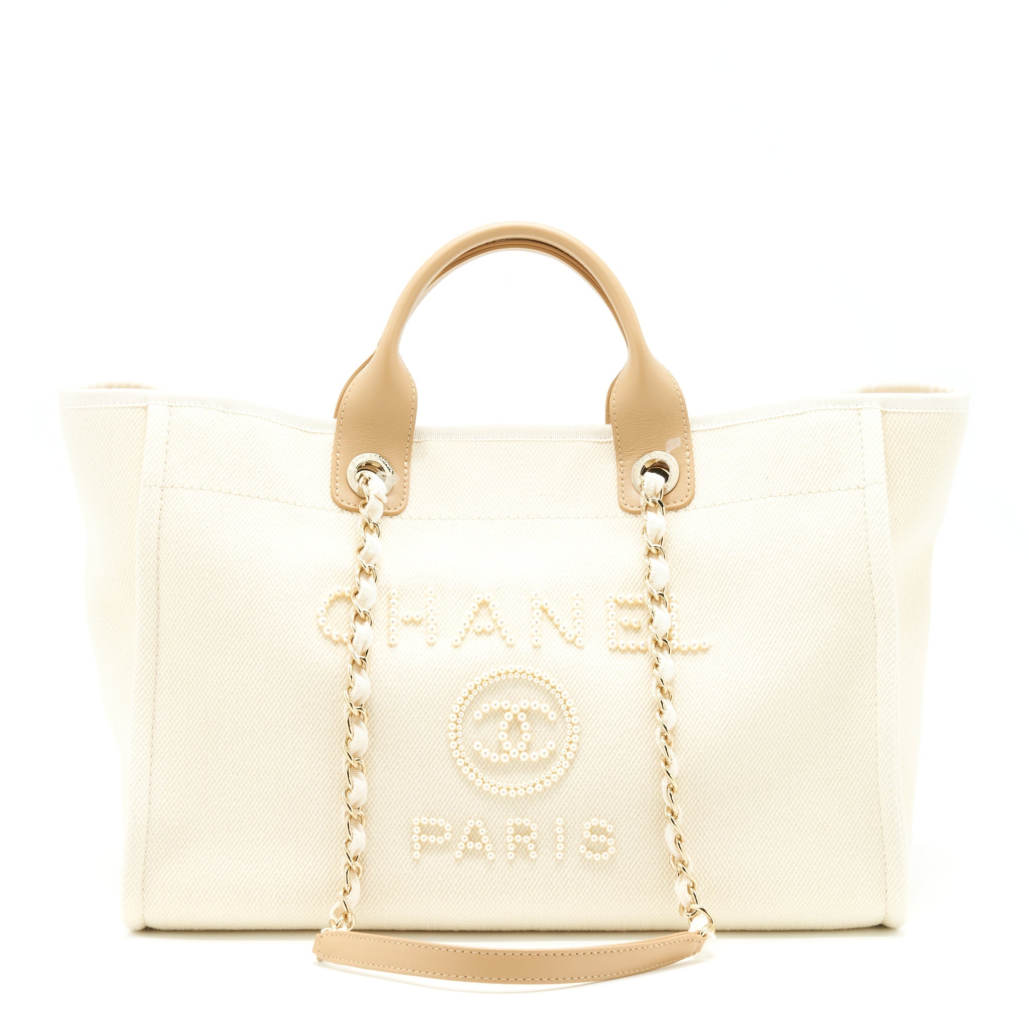 CHANEL DEAUVILLE TOTE BAG CANVAS LIGHT BEIGE LGHW