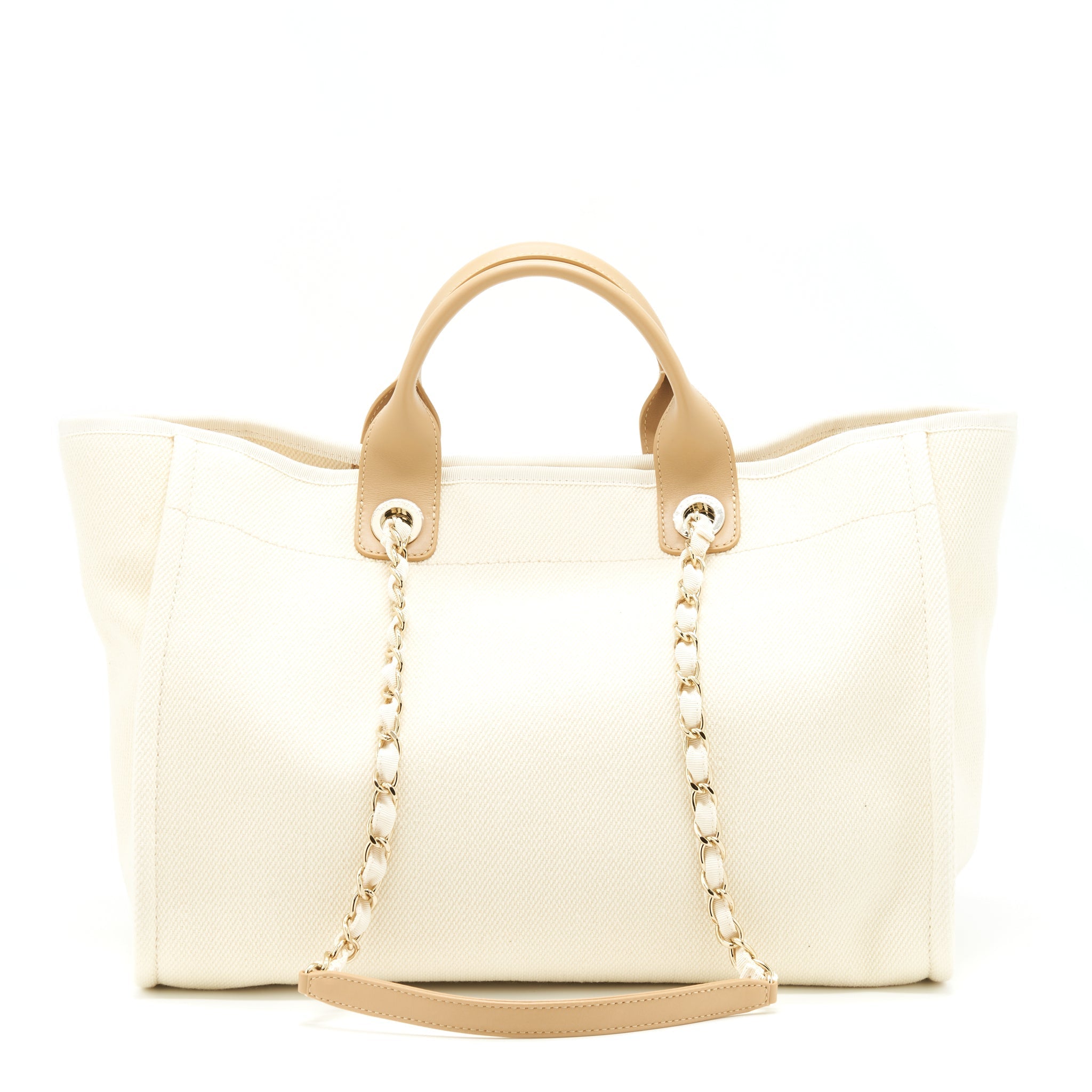 CHANEL DEAUVILLE TOTE BAG CANVAS LIGHT BEIGE LGHW