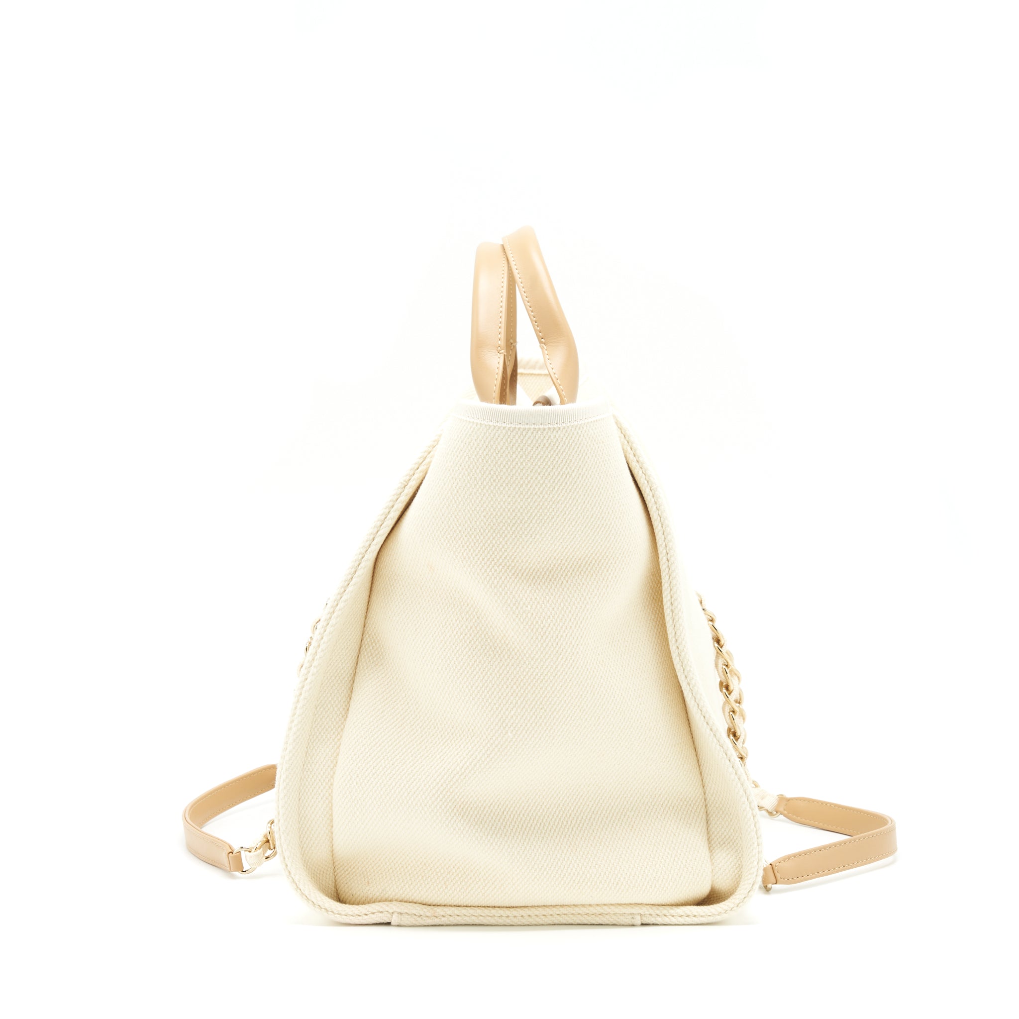 CHANEL DEAUVILLE TOTE BAG CANVAS LIGHT BEIGE LGHW