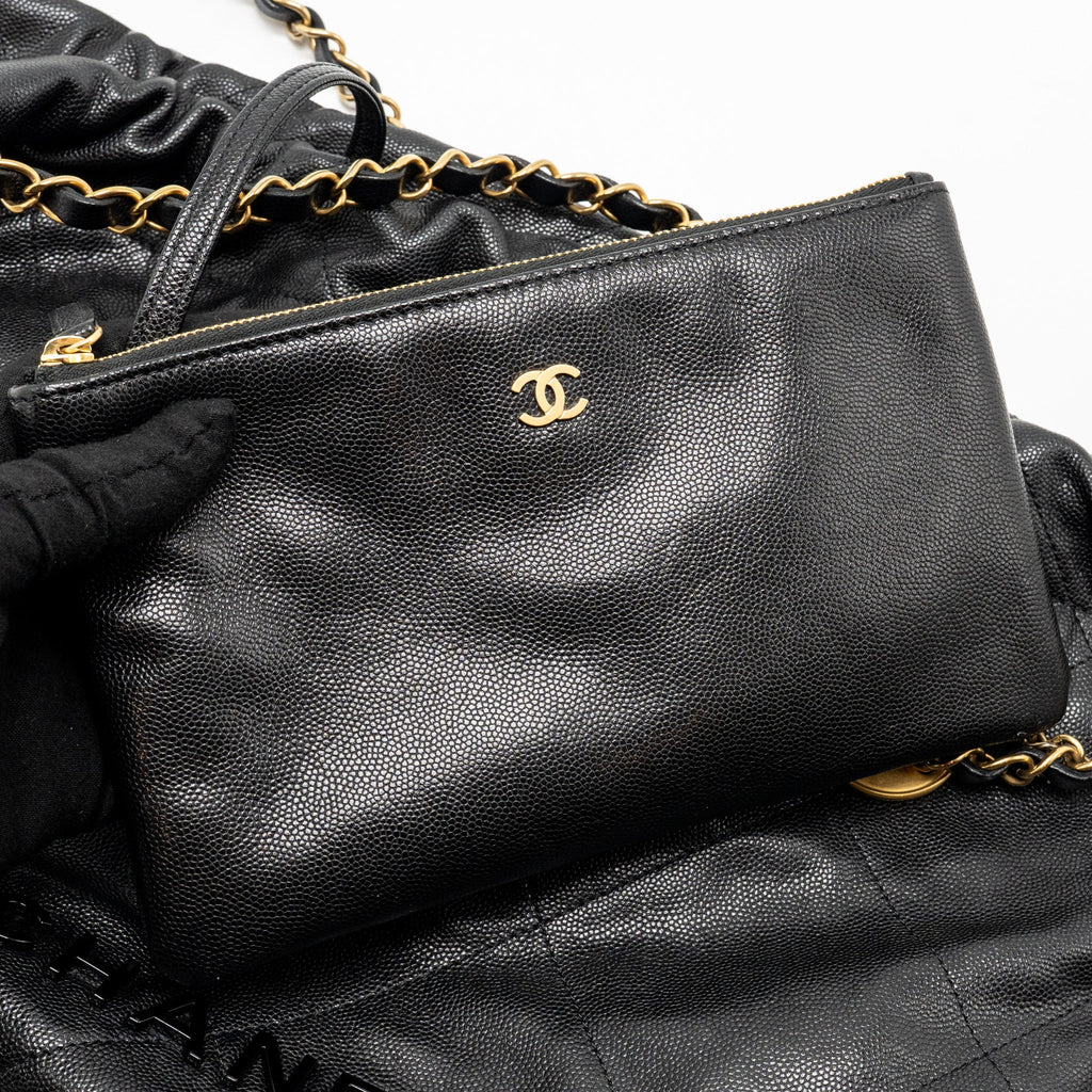 CHANEL MEDIUM 22 BAG BLACK LETTER CAVIAR BLACK GHW (MICROCHIP)