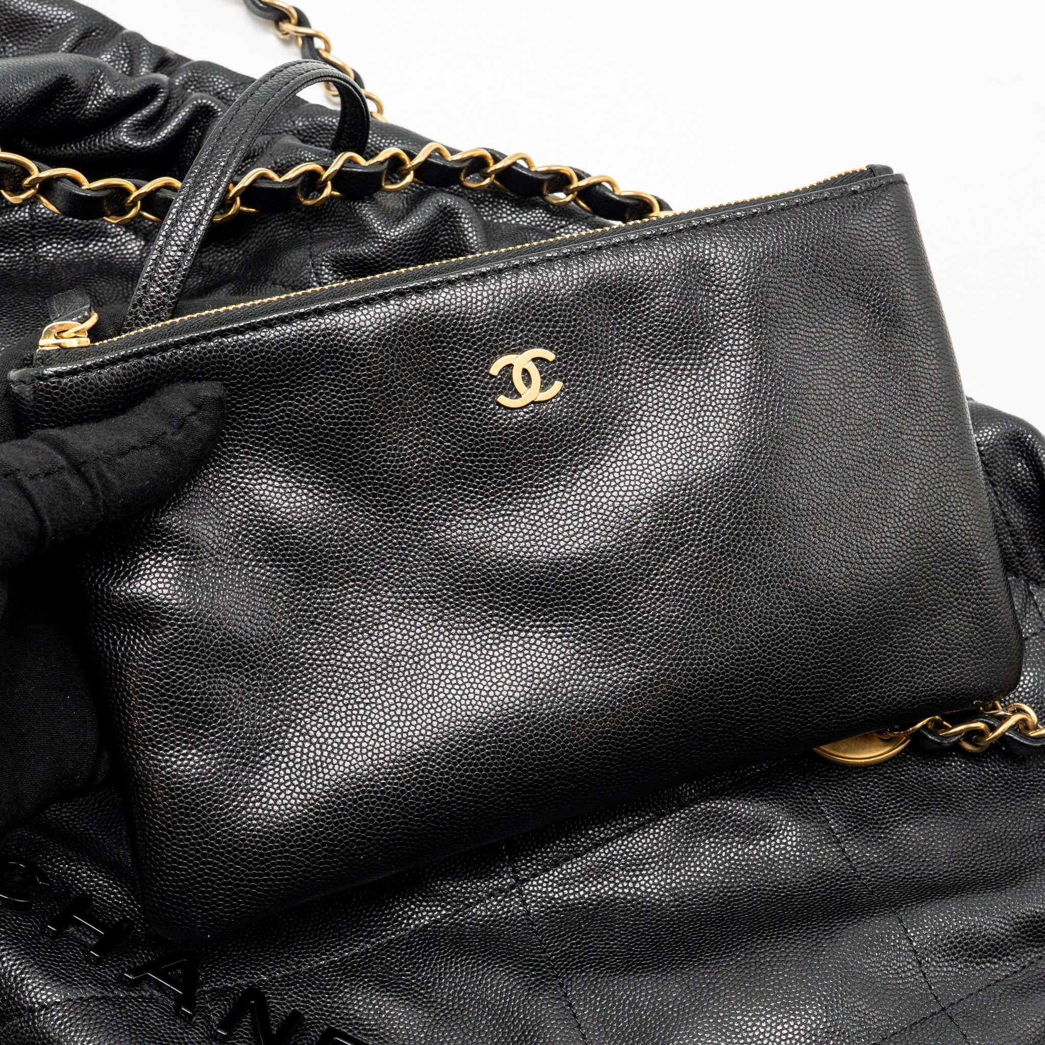 CHANEL MEDIUM 22 BAG BLACK LETTER CAVIAR BLACK GHW (MICROCHIP)
