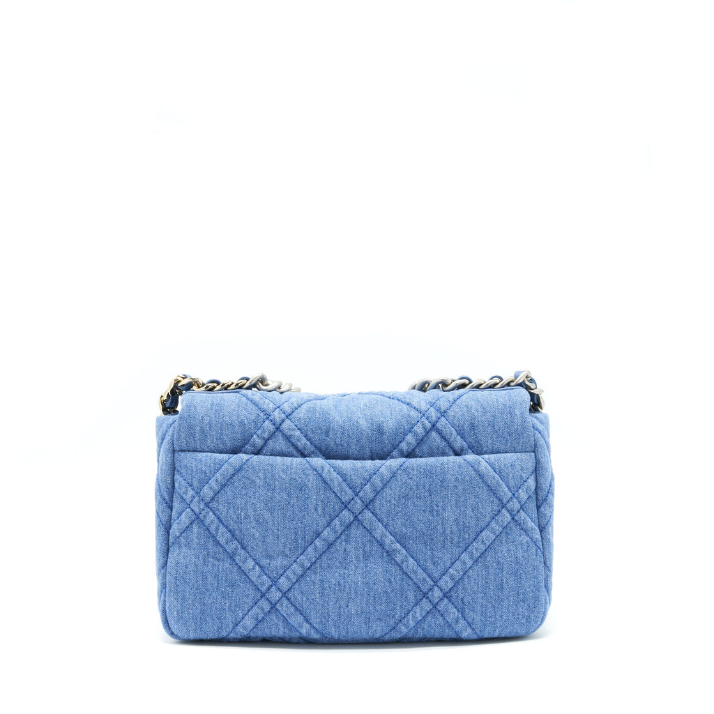 CHANEL 22P DENIM SMALL 19 BAG LIGHT BLUE GOLD/SLIVER HARDWARE