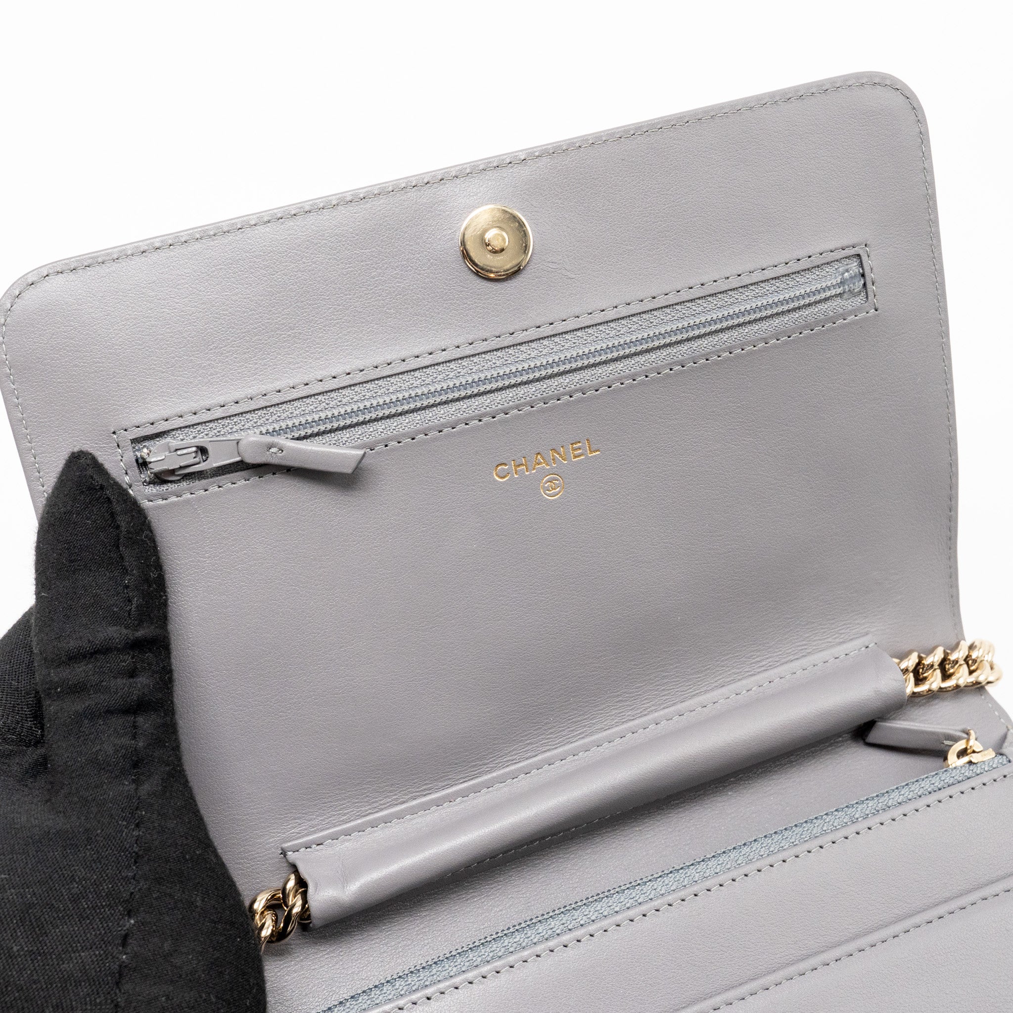 CHANEL BOY WALLET ON CHAIN CAVIAR GREY LGHW