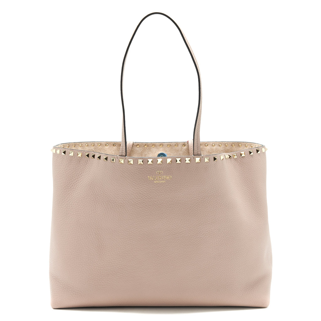 VALENTINO LARGE ROCK-STUD LEATHER TOTE PALE PINK
