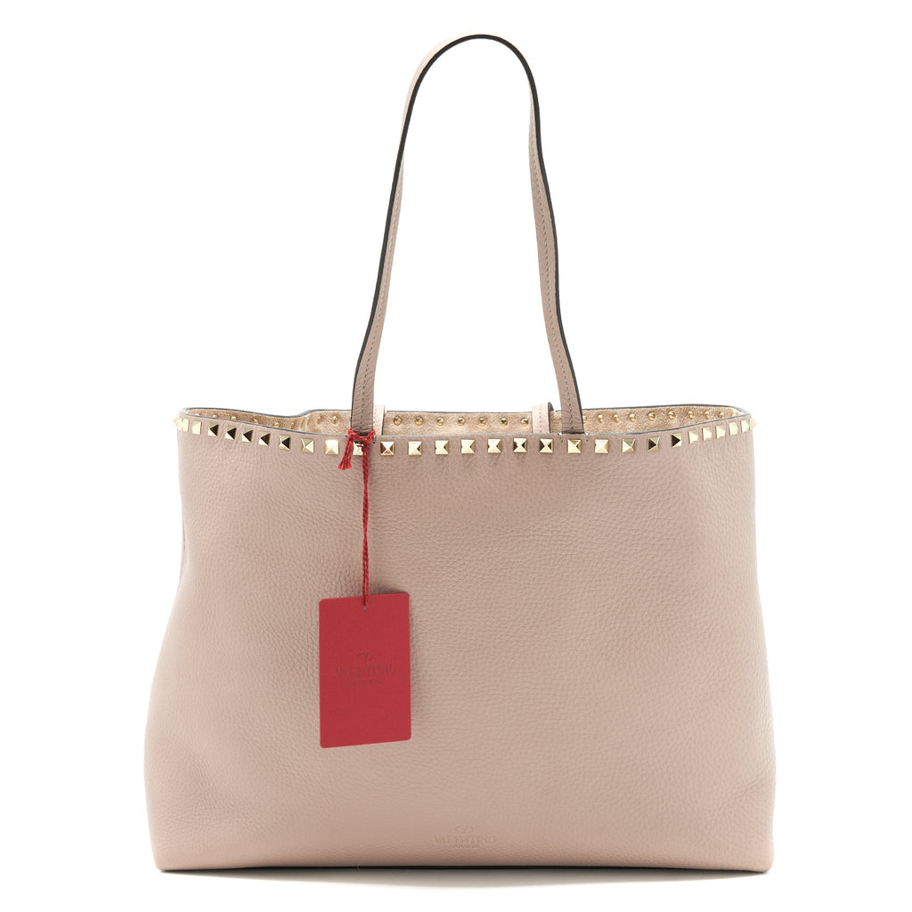 VALENTINO LARGE ROCK-STUD LEATHER TOTE PALE PINK