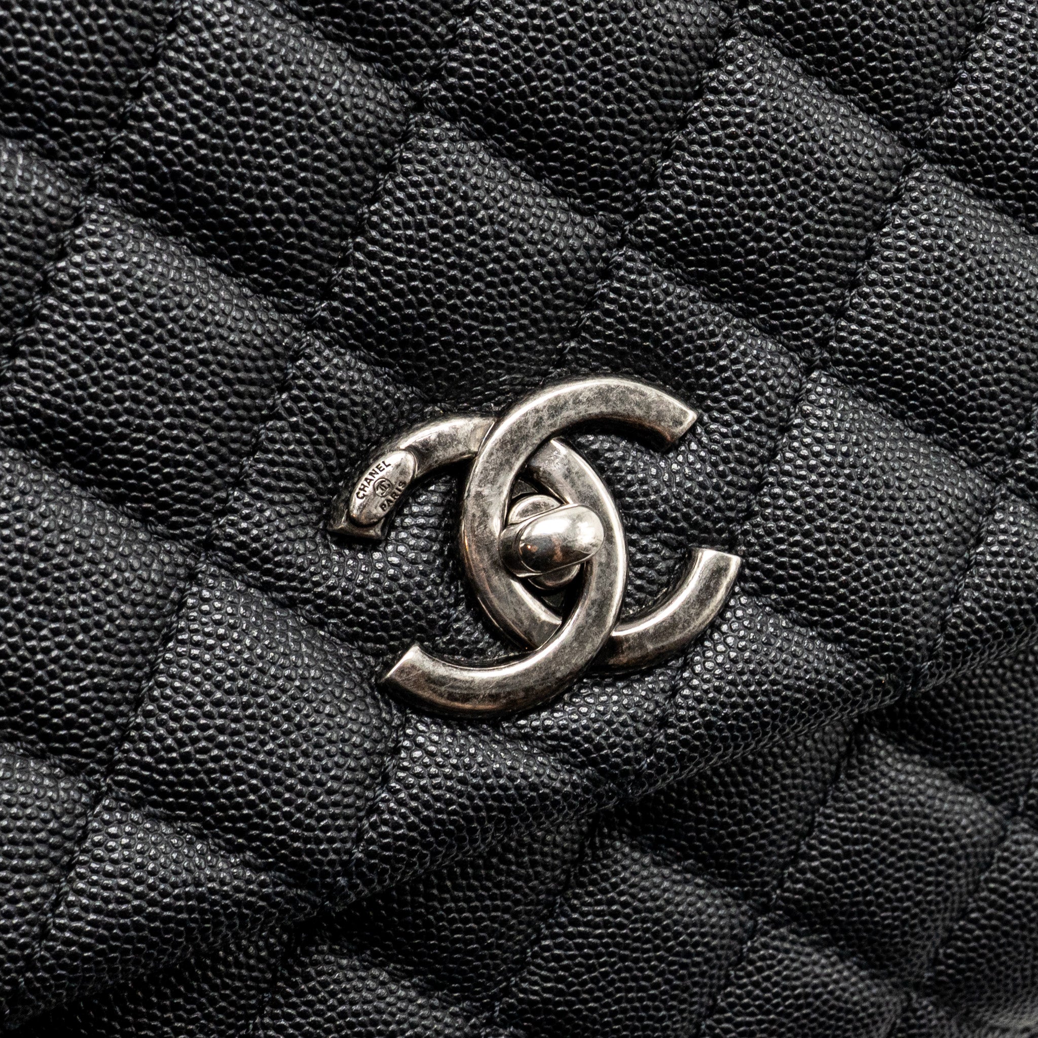 CHANEL MEDIUM COCO HANDLE FLAP BAG LIZARD EMBOSSED HANDLE CAVIAR BLACK RUTHENIUM HARDWARE