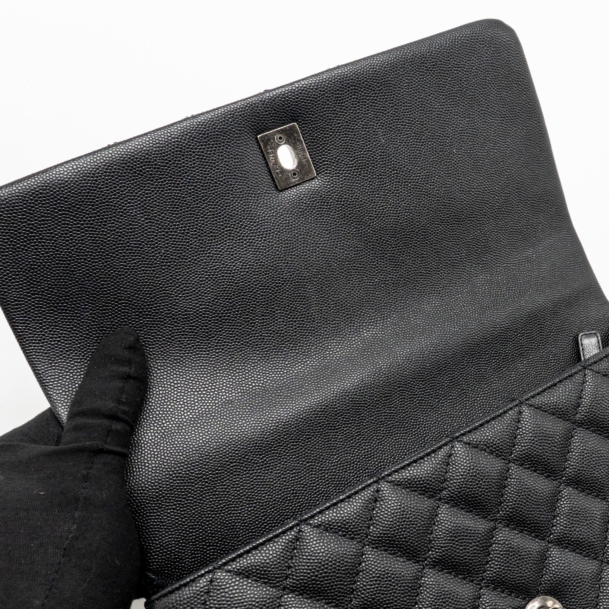 CHANEL MEDIUM COCO HANDLE FLAP BAG LIZARD EMBOSSED HANDLE CAVIAR BLACK RUTHENIUM HARDWARE