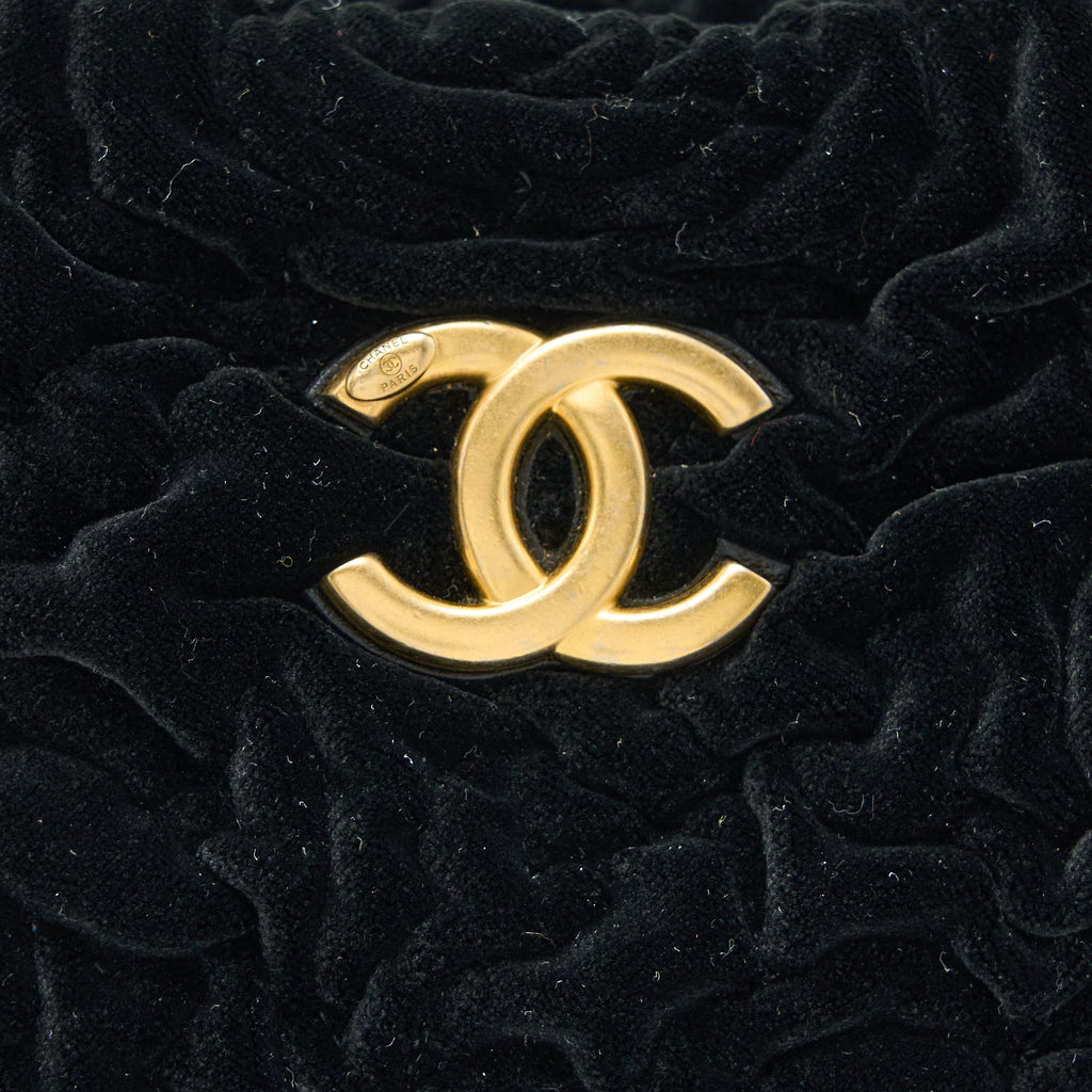 CHANEL MINI BOSTON BAG WITH CHAIN CAMELLIA VELVET BLACK GHW (MICROCHIP)